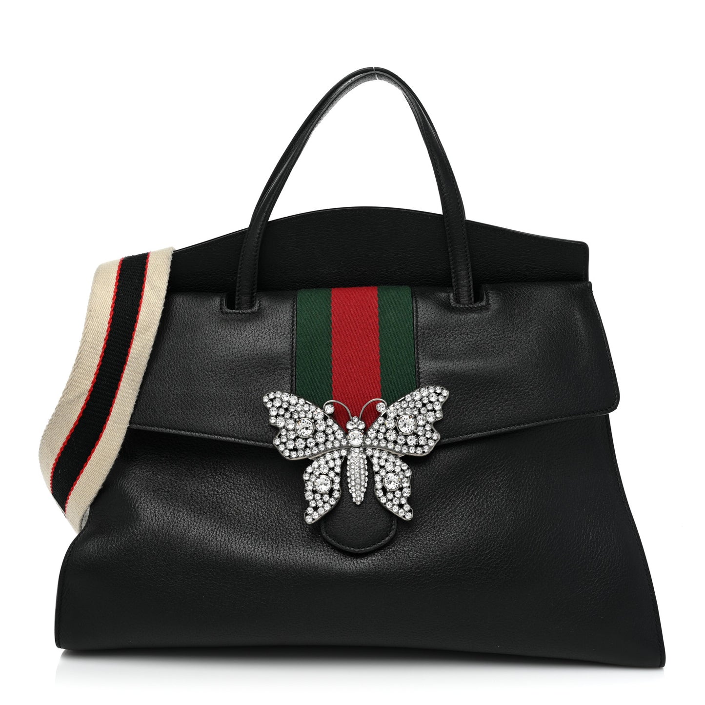 Grained Calfskin Web Crystal Butterfly Stripe Large Totem Top Handle Bag Black