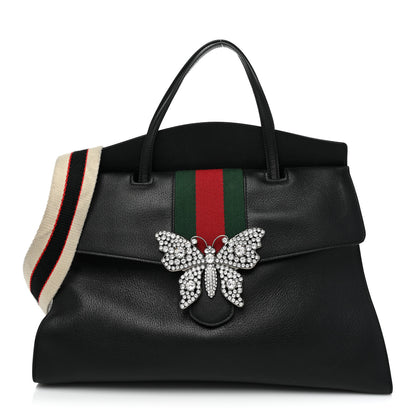 Gucci Grained Calfskin Web Crystal Butterfly Stripe Large Totem Top Handle Bag Black 1 of 15