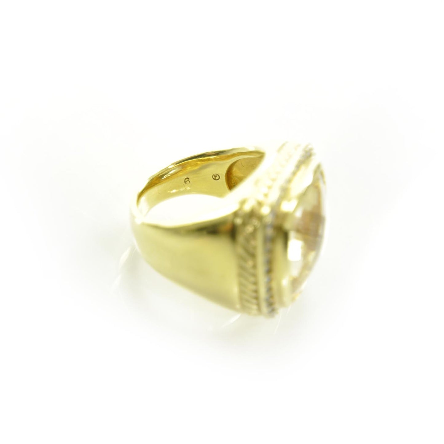 18K Yellow Gold Diamond Lemon Quartz 15mm Albion Ring 52 6