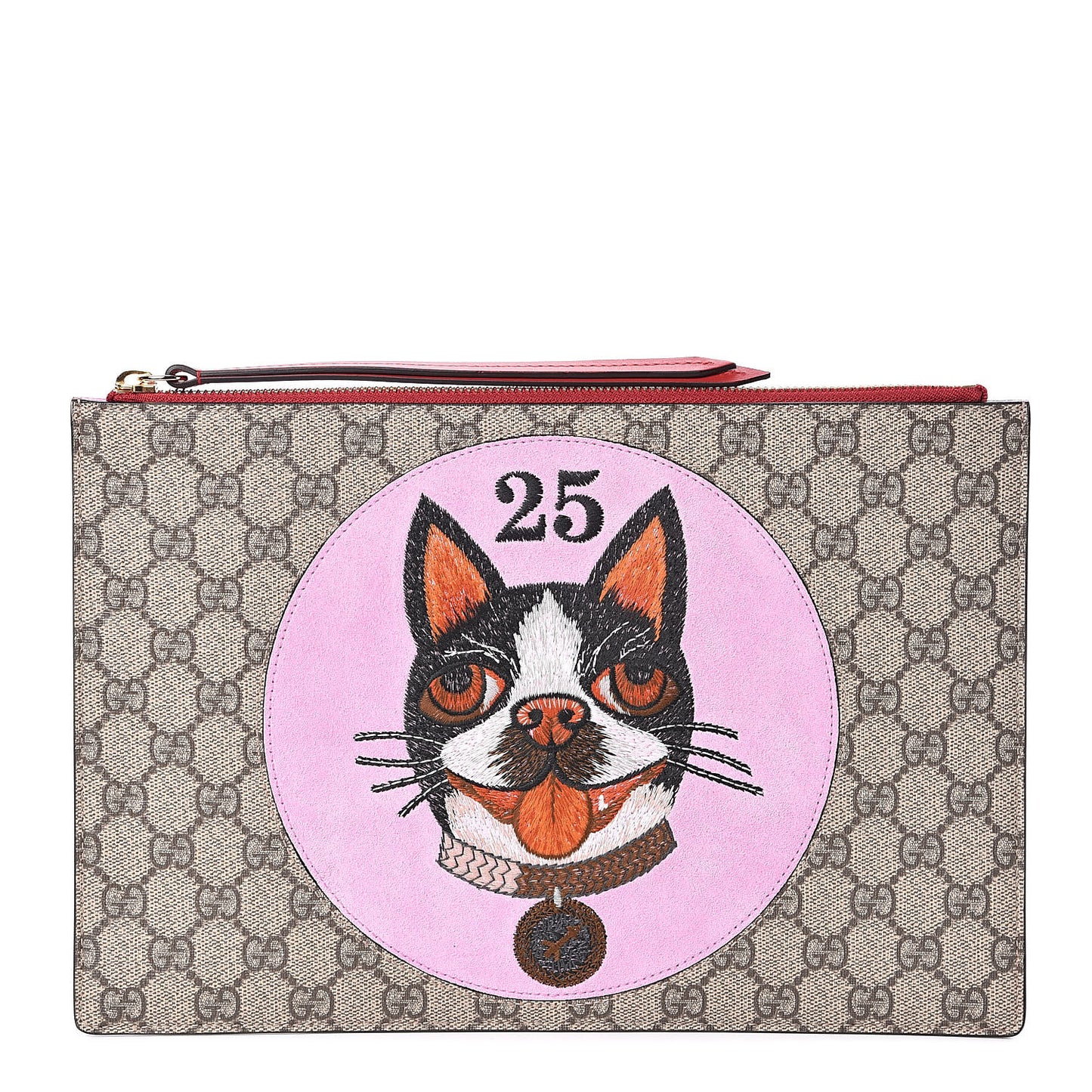 GG Supreme Monogram Bosco Patch Zip Pouch Beige Malva Hibiscus Red