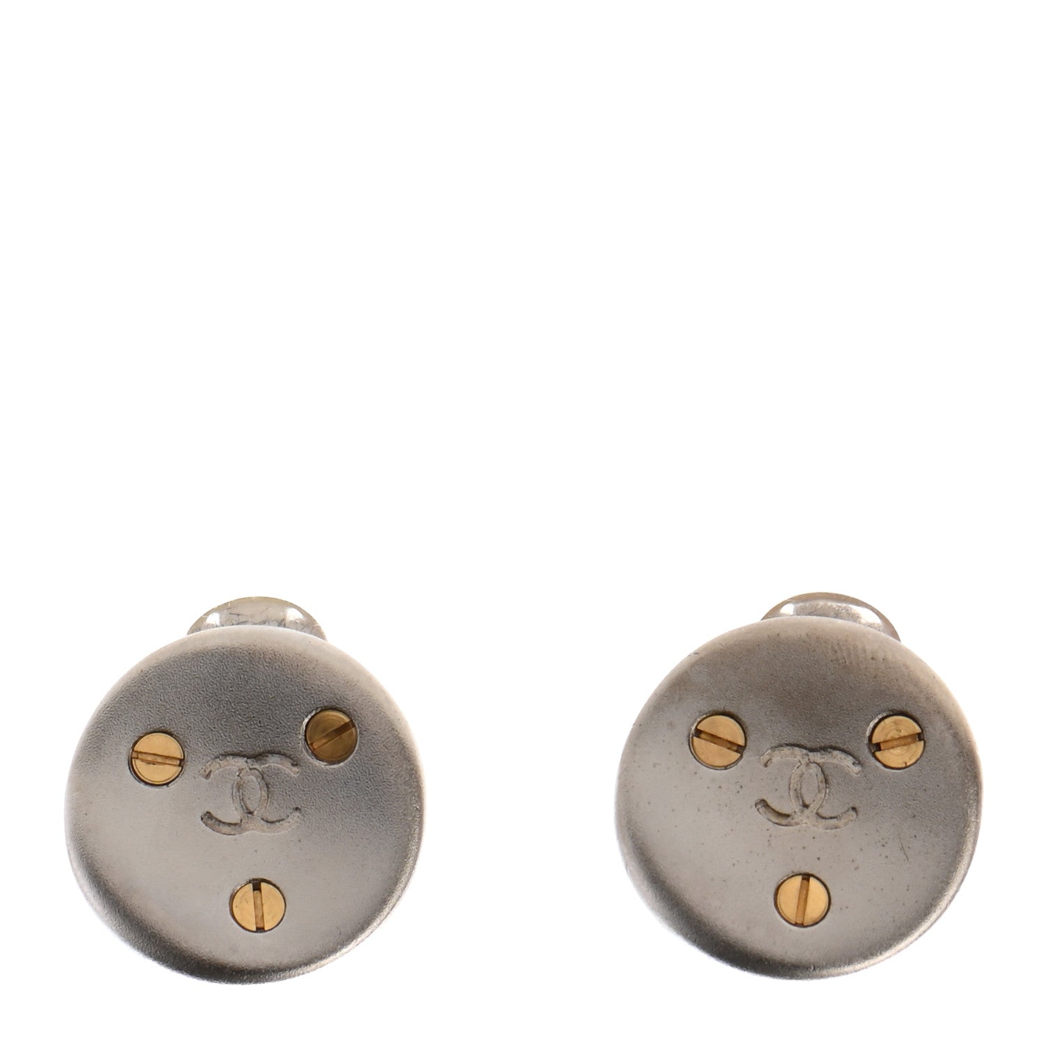 Chanel Metal CC Screw Round Clip On Earrings Silver Gold 1 of 4