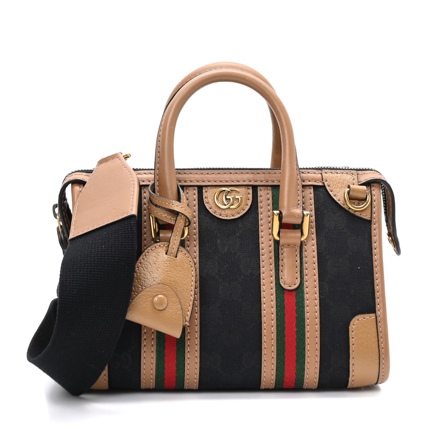 Monogram Textured Dollar Calfskin Web Mini Bauletto Duffle Top Handle Bag Black Koi Beige