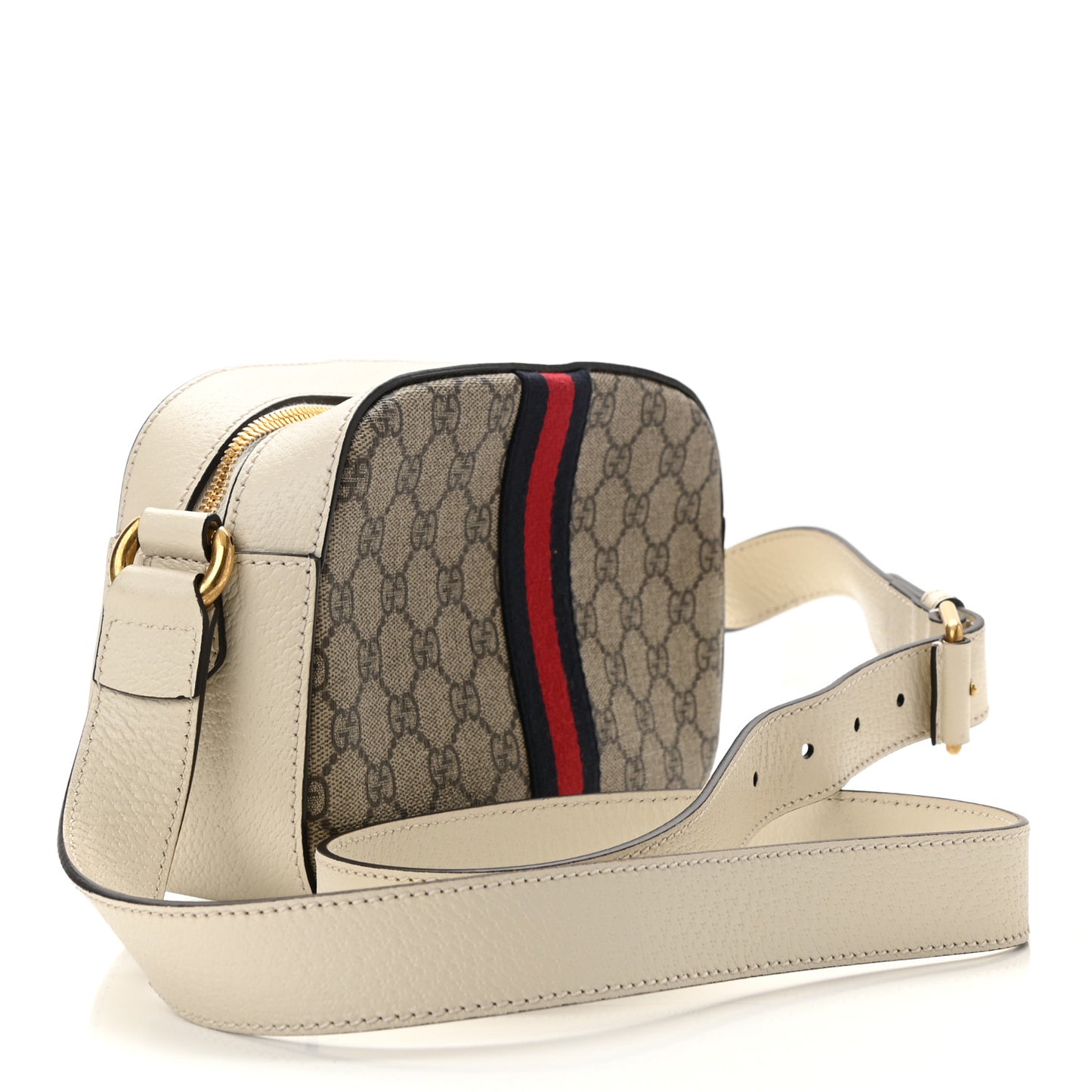 GG Supreme Monogram Textured Calfskin Web Small Ophidia Camera Bag Beige Ebony Mystic White