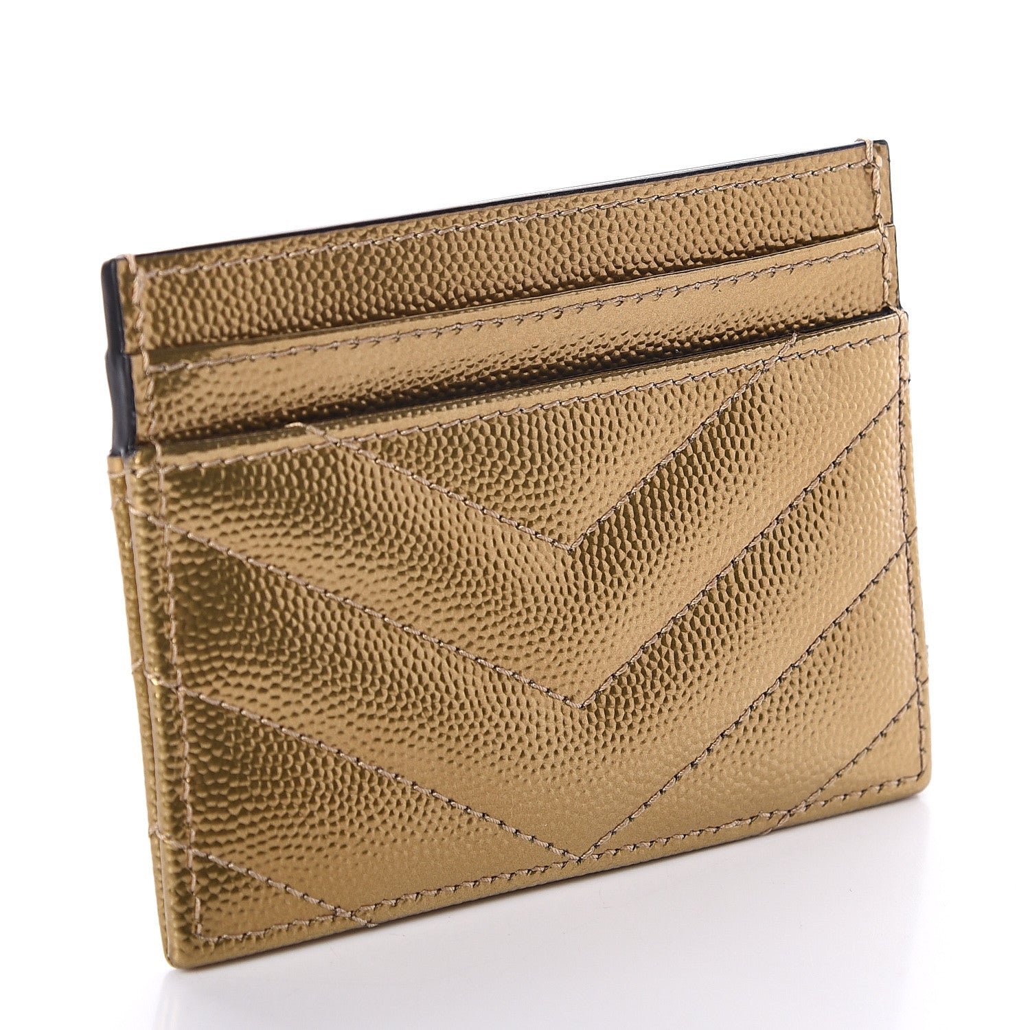 Saint Laurent Metallic Grain De Poudre Matelasse Chevron Monogram Credit Card Case Gold 2 of 6