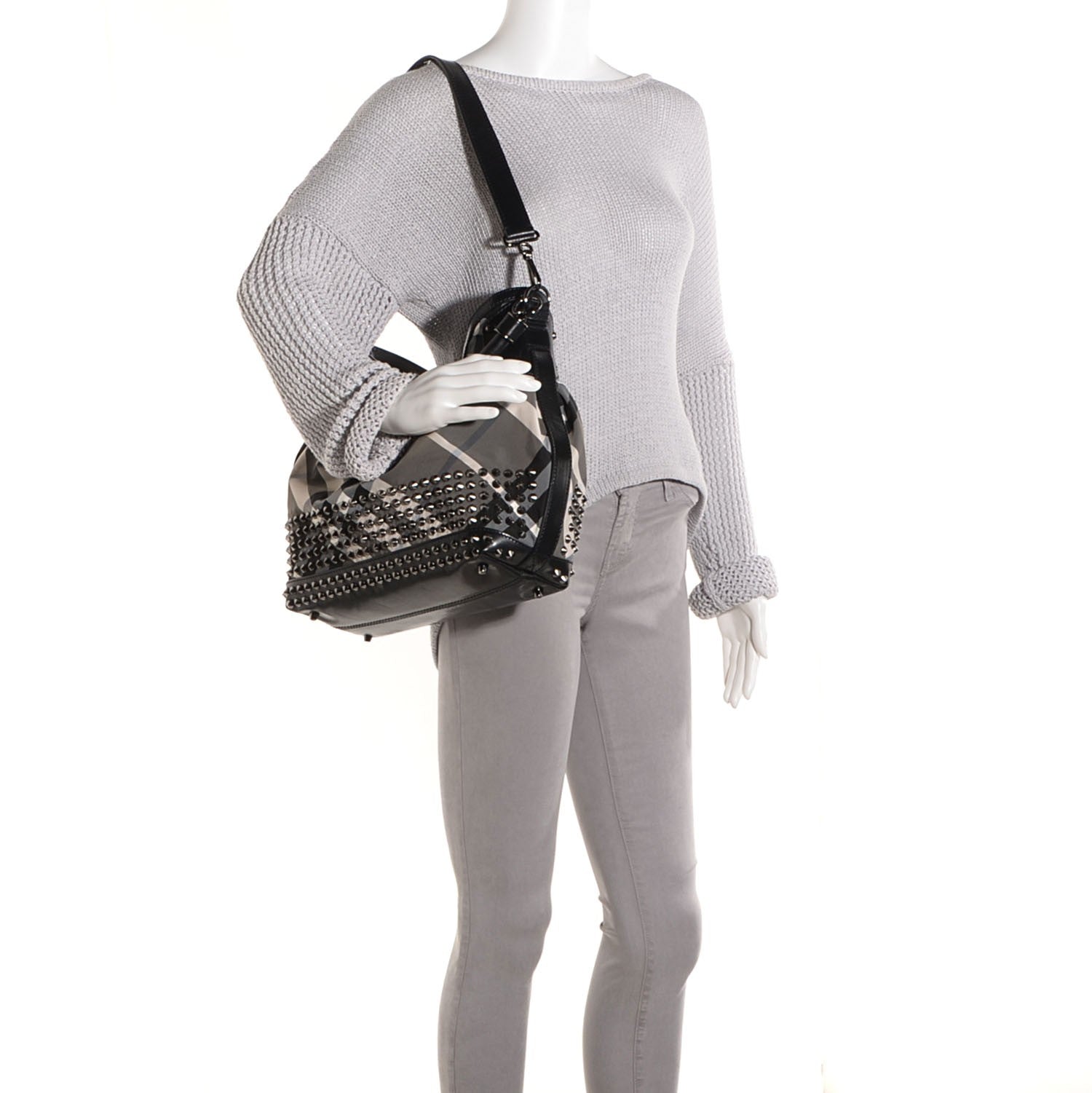 Burberry Nylon Beat Check Studded Hobo Black 2 of 9