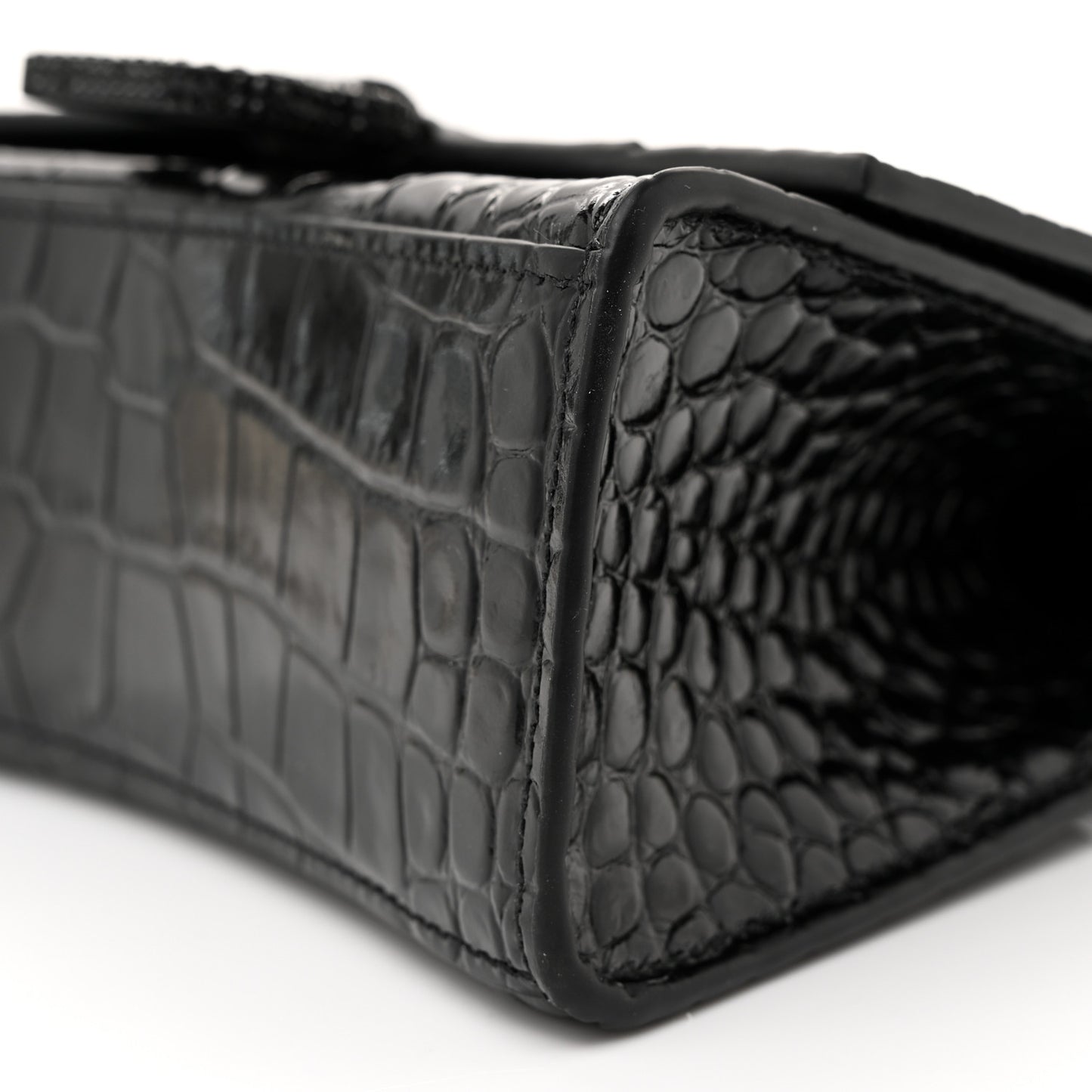 Shiny Calfskin Monochrome Crocodile Embossed Strass Hourglass Top Handle Bag XS Black