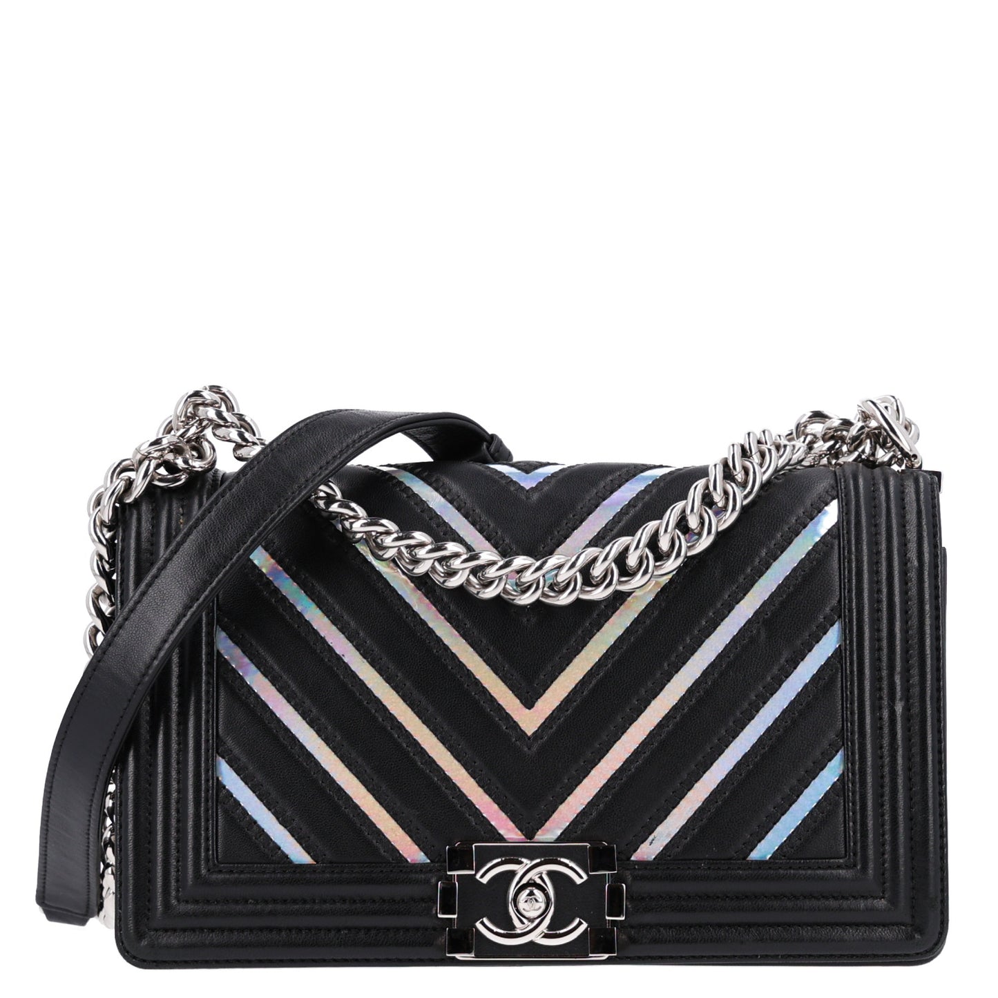 Lambskin Iridescent PVC Chevron Quilted Medium Boy Flap Black Silver