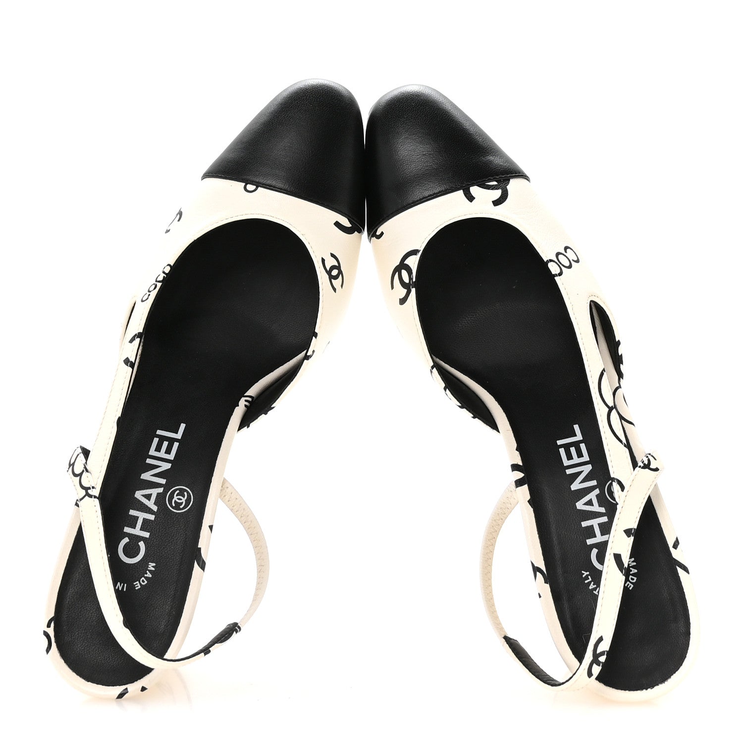Chanel Printed Lambskin Cap Toe CC Slingback Pumps 37.5 Black White 2 of 8