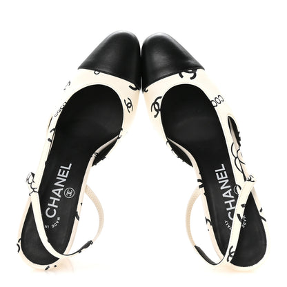 Chanel Printed Lambskin Cap Toe CC Slingback Pumps 37.5 Black White 2 of 8