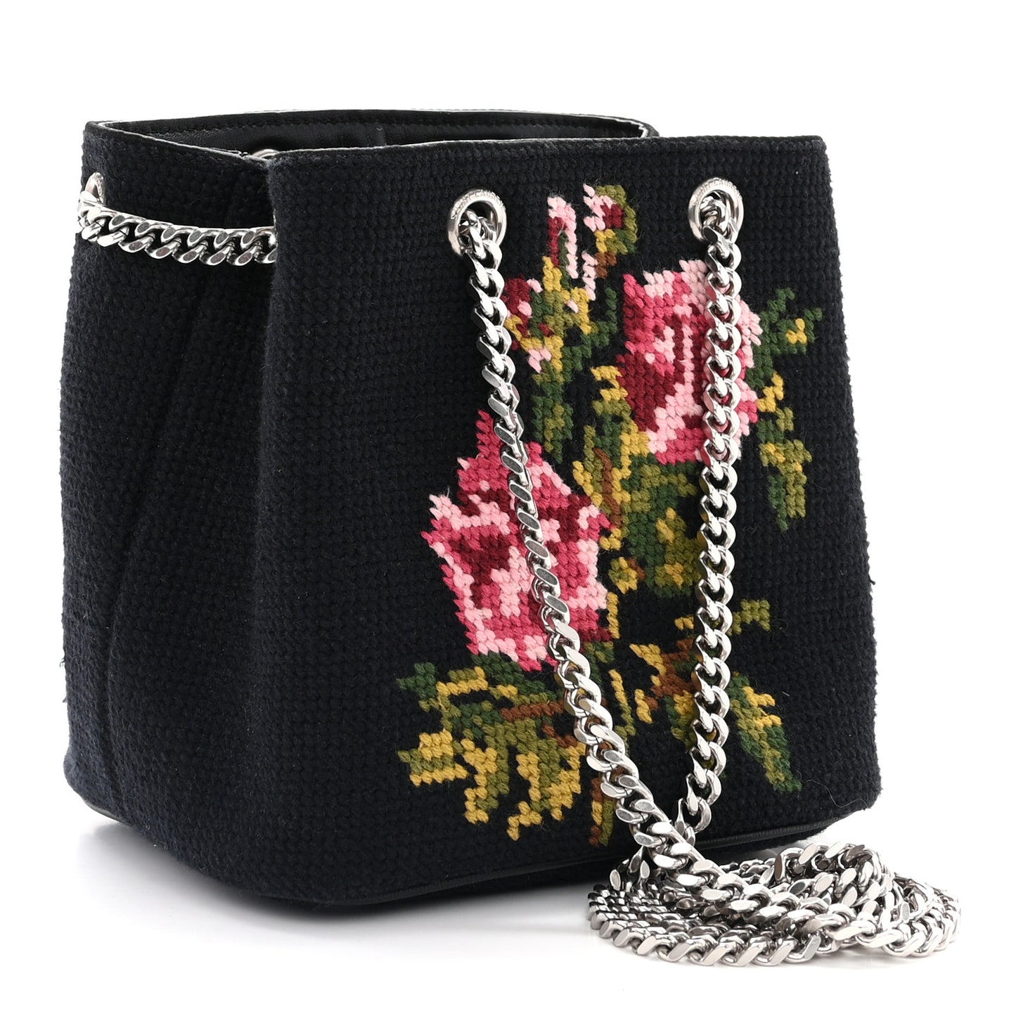 Woven Wool Embroidered Baby Emmanuelle Bucket Bag Black