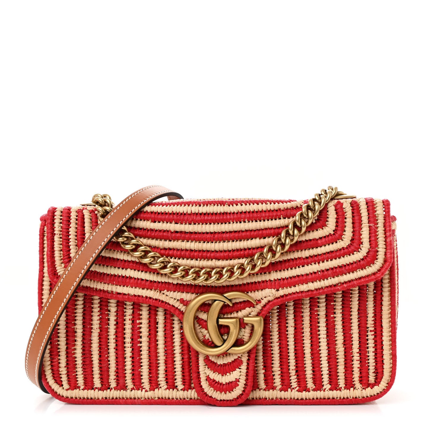 Raffia Woven Small GG Marmont Shoulder Bag Natural Hibiscus Red