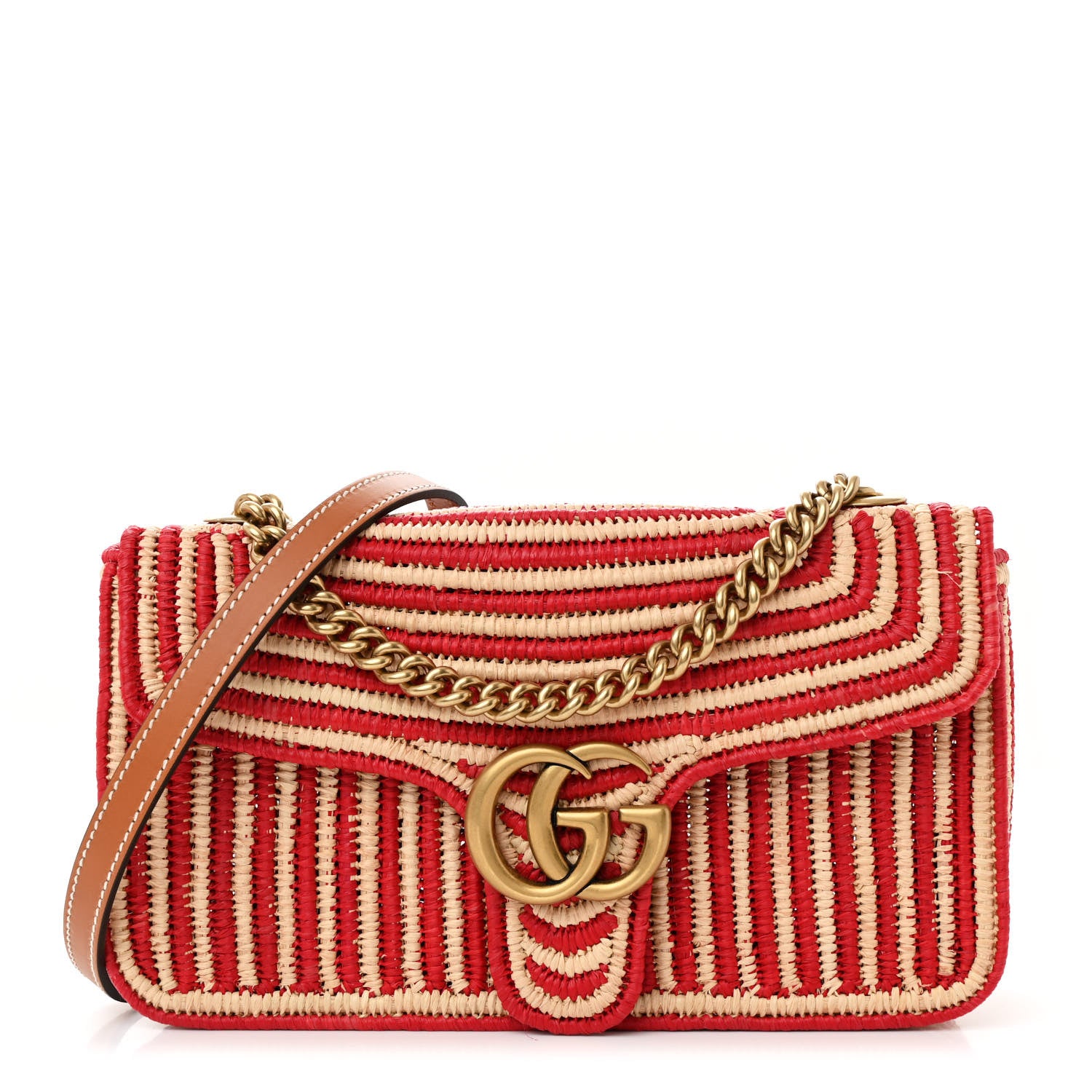 Gucci Raffia Woven Small GG Marmont Shoulder Bag Natural Hibiscus Red 1 of 10