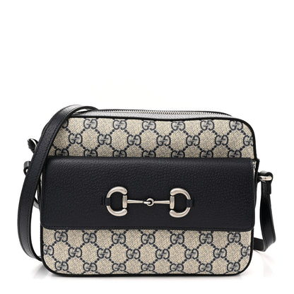 Gucci GG Supreme Monogram Textured Dollar Calfskin Small Horsebit 1955 Shoulder Bag Beige Blue 1 of 12