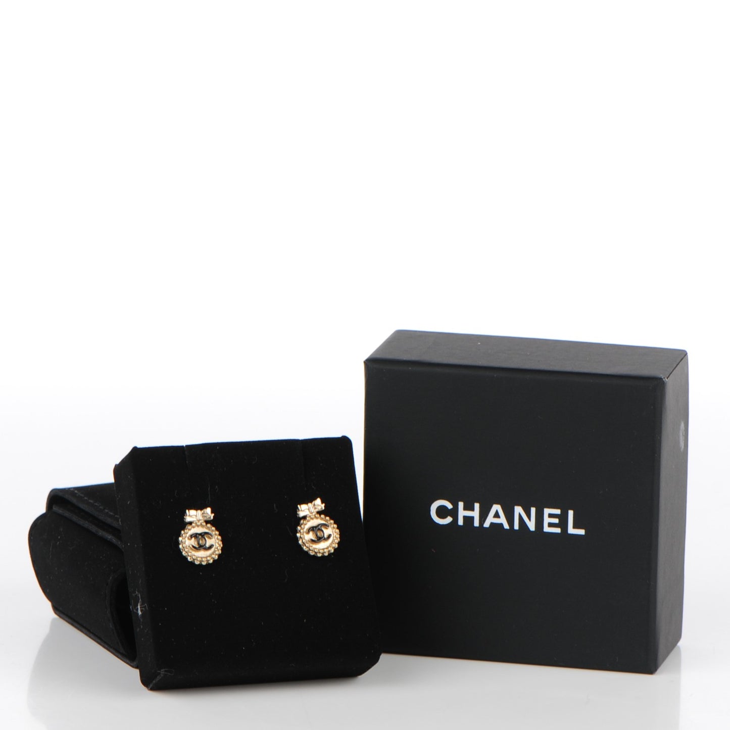 Enamel CC Ribbon Earrings Black Gold