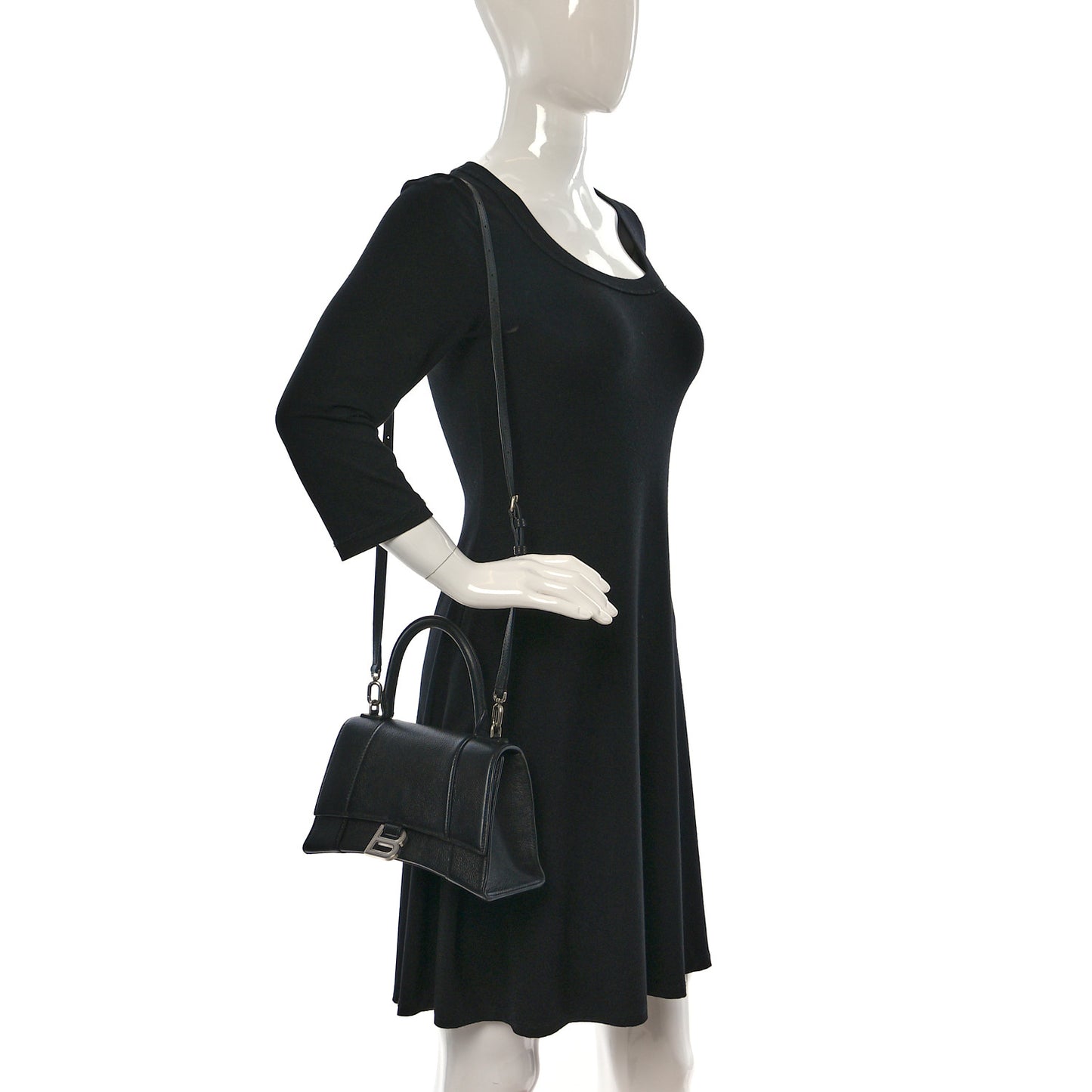 Grained Calfskin Small Hourglass Top Handle Bag Black