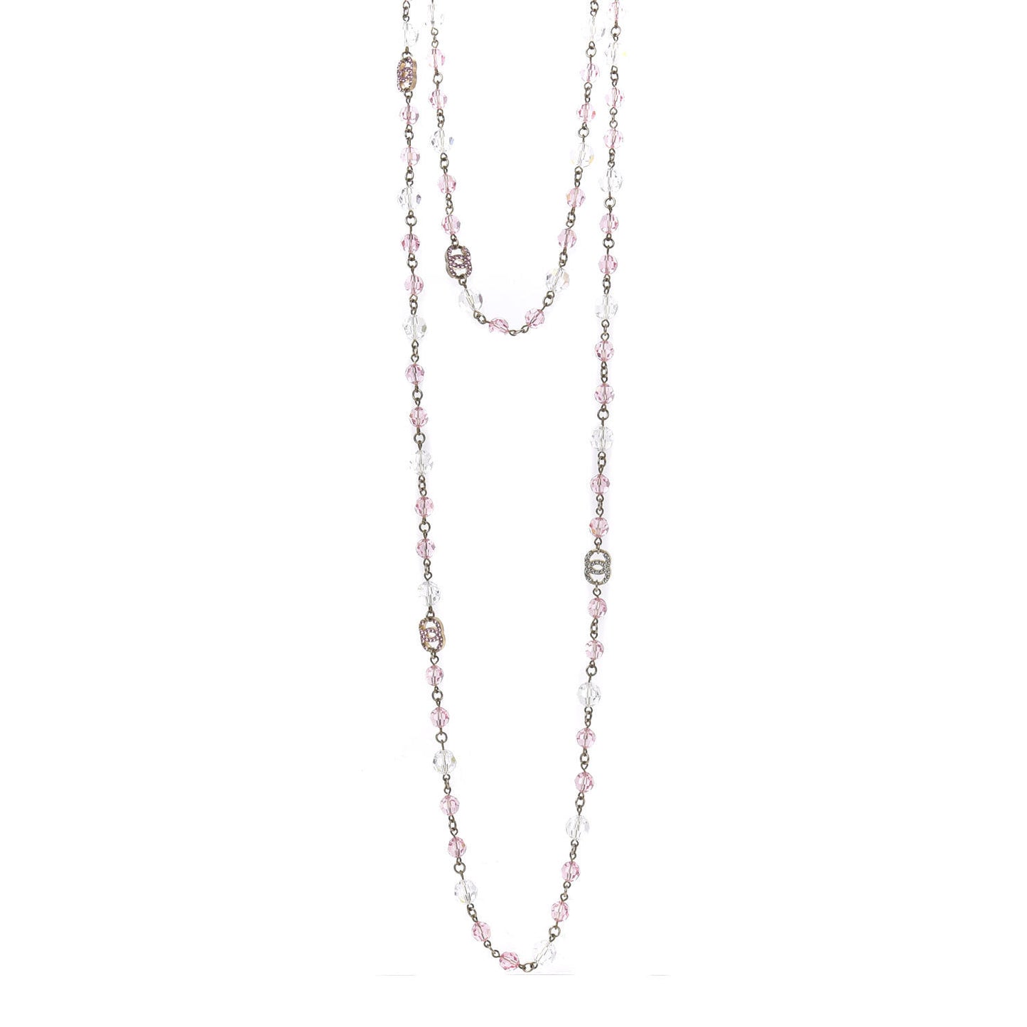 Beaded Crystal CC Long Necklace Gold Pink White