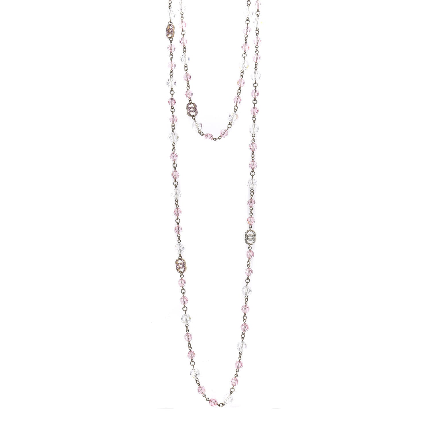 Chanel Beaded Crystal CC Long Necklace Gold Pink White 1 of 4