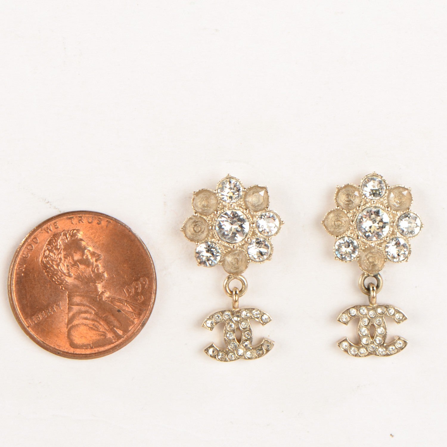 Chanel Crystal CC Flower Dangle Earrings Gold Beige 2 of 5