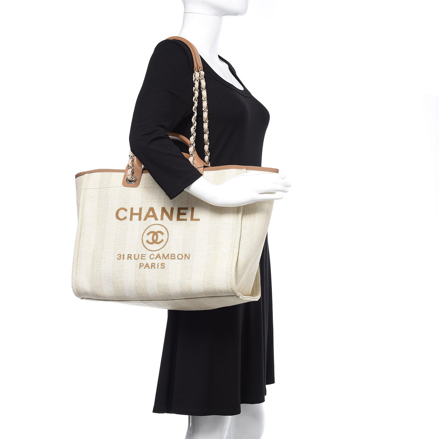 Straw Raffia Calfskin Striped Large Deauville Tote Beige