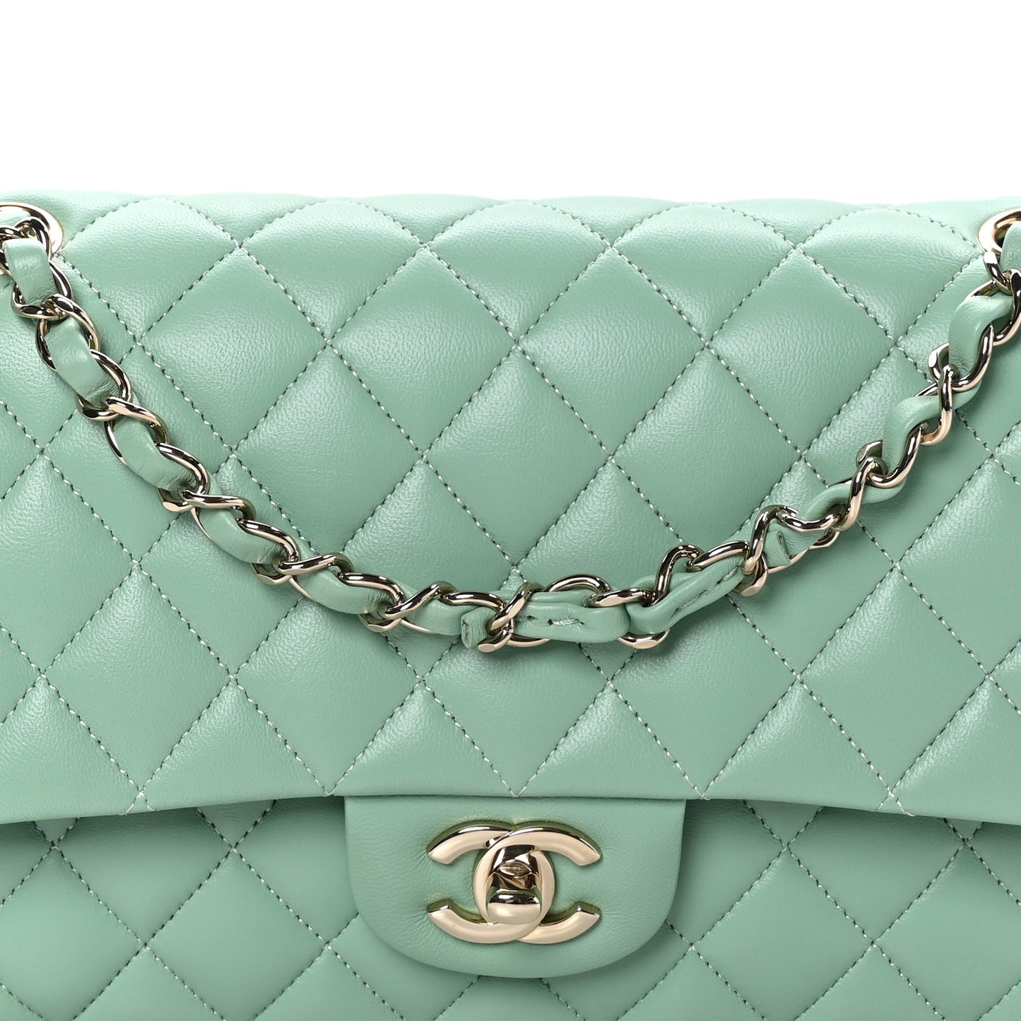 Lambskin Quilted Medium Double Flap Light Green