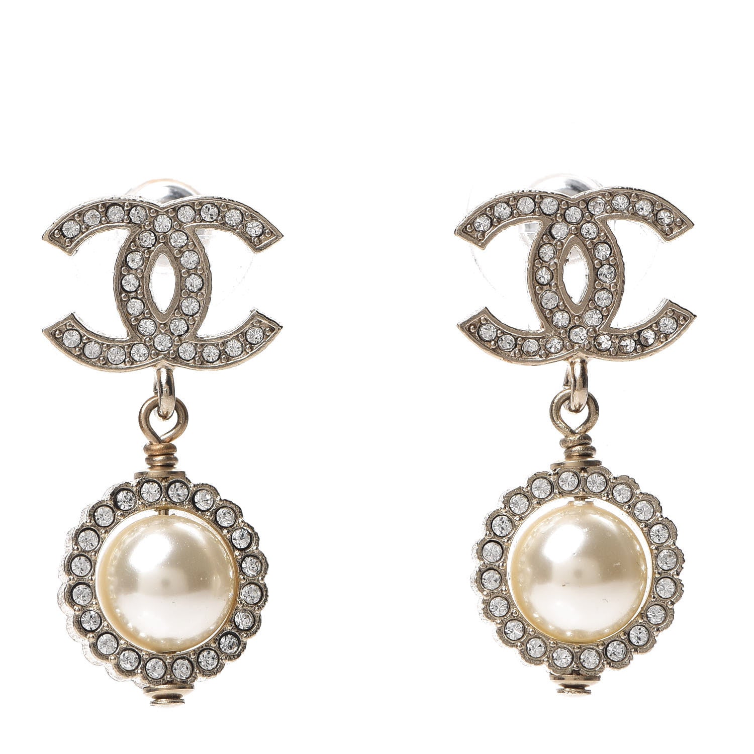 Chanel Crystal Pearl CC Drop Earrings Gold 1 of 5