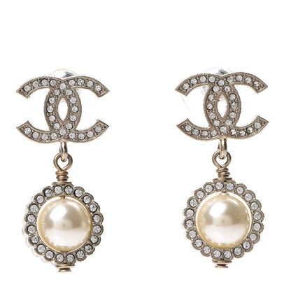 Chanel Crystal Pearl CC Drop Earrings Gold 1 of 5