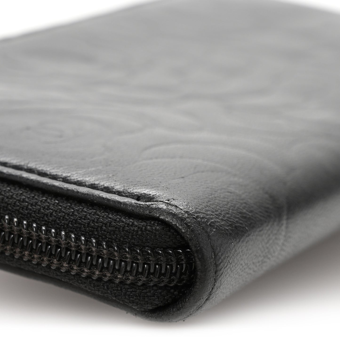 Lambskin Camellia Embossed Large Zip Around Gusset Wallet Black