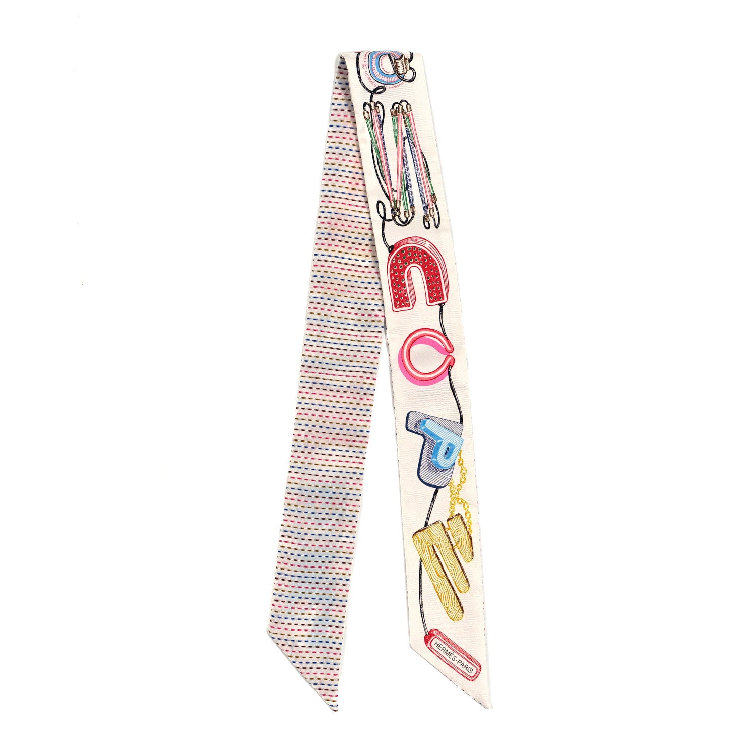 Hermes Silk Chevaloscope Neon Twilly White Bleu Rouge 2 of 4