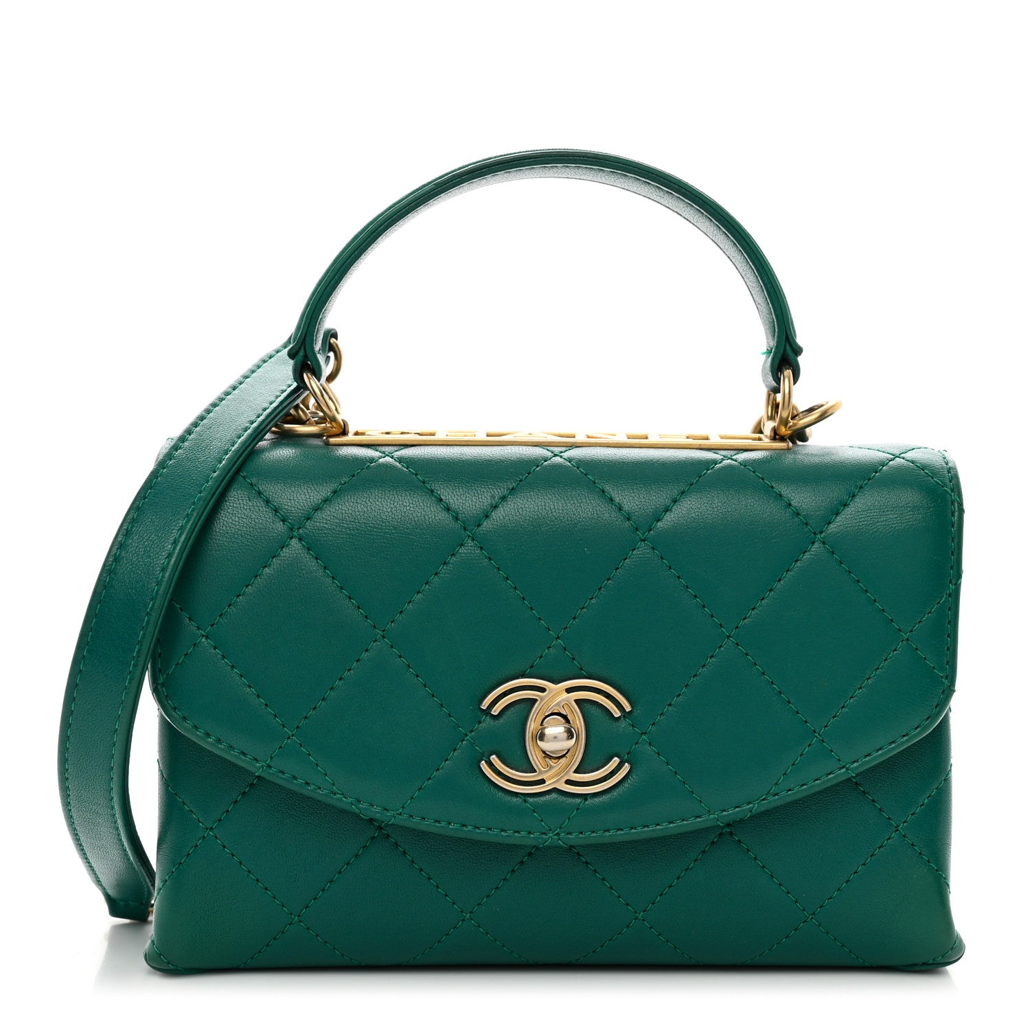 CHANEL Lambskin Quilted Small Trendy Spirit Top Handle Bag in the color Green by FASHIONPHILE