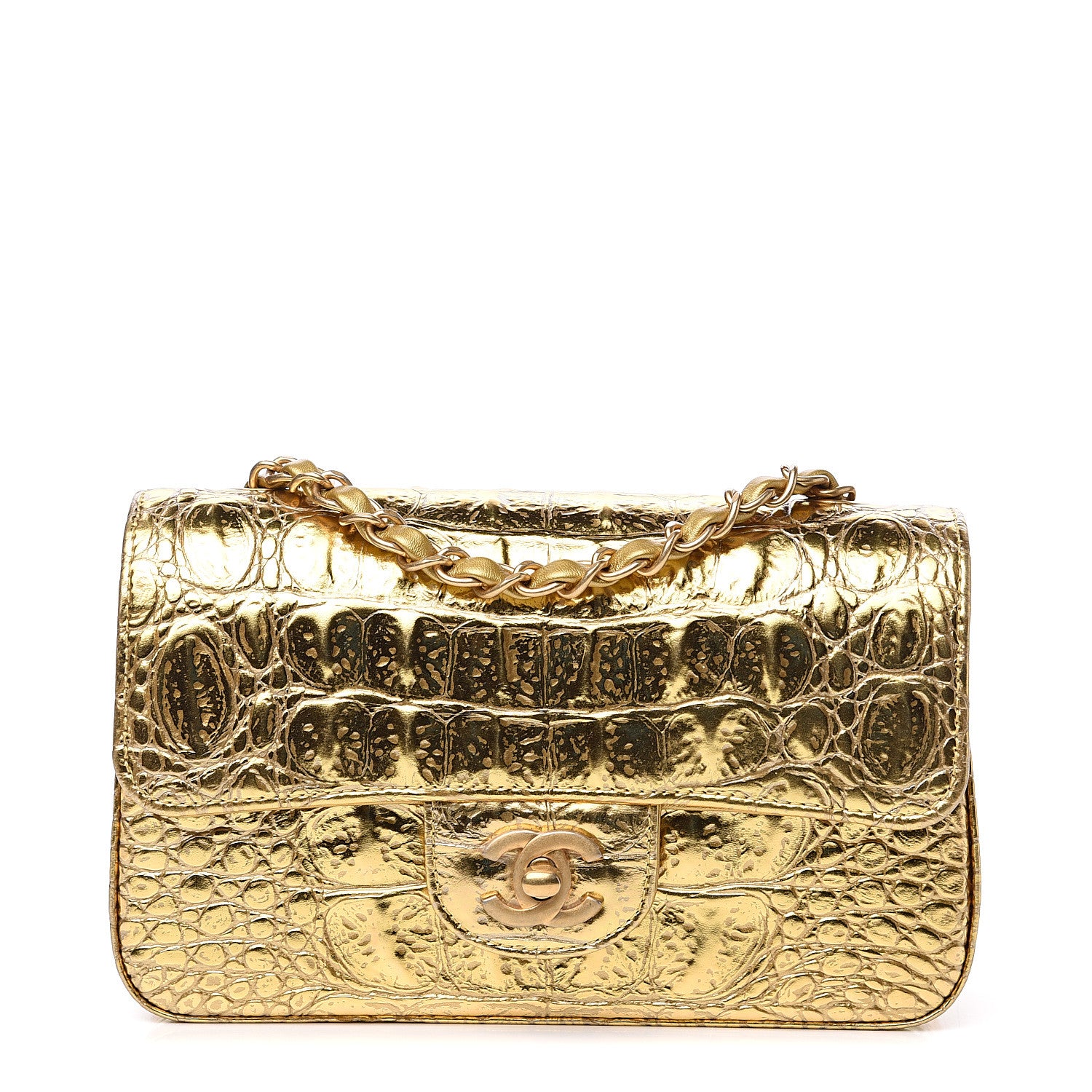 Chanel Metallic Calfskin Crocodile Embossed Rectangular Mini Flap Gold 2 of 10