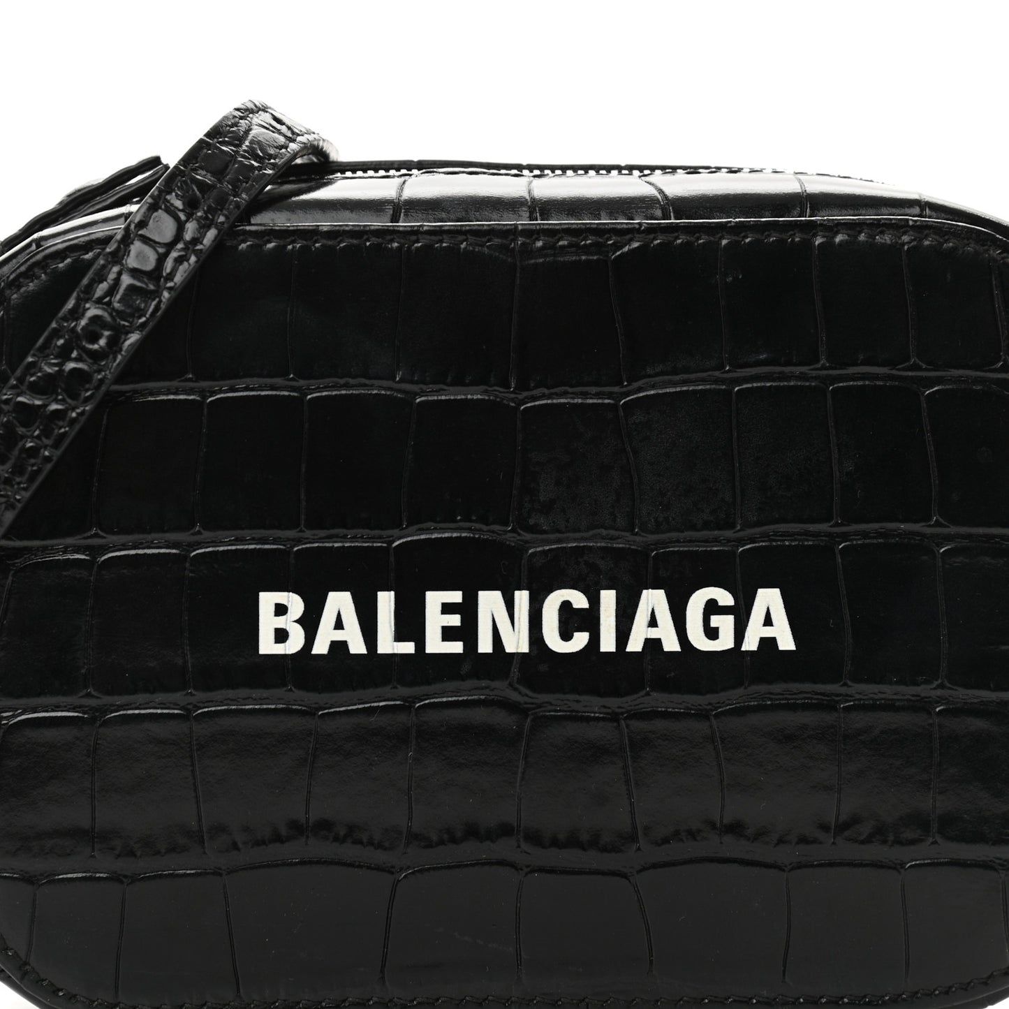 Shiny Calfskin Logo Crocodile Embossed XS Everyday Camera Bag Black