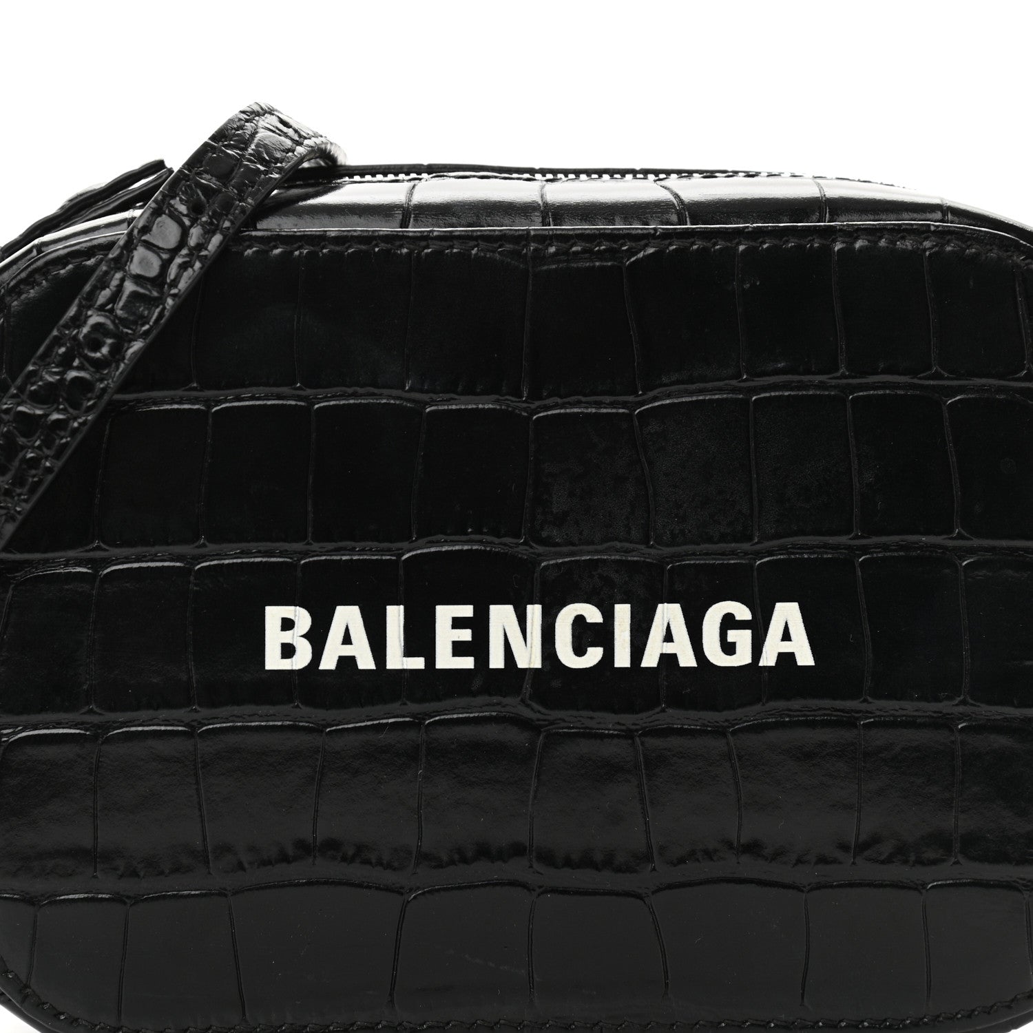 Balenciaga Shiny Calfskin Logo Crocodile Embossed XS Everyday Camera Bag Black 7 of 10
