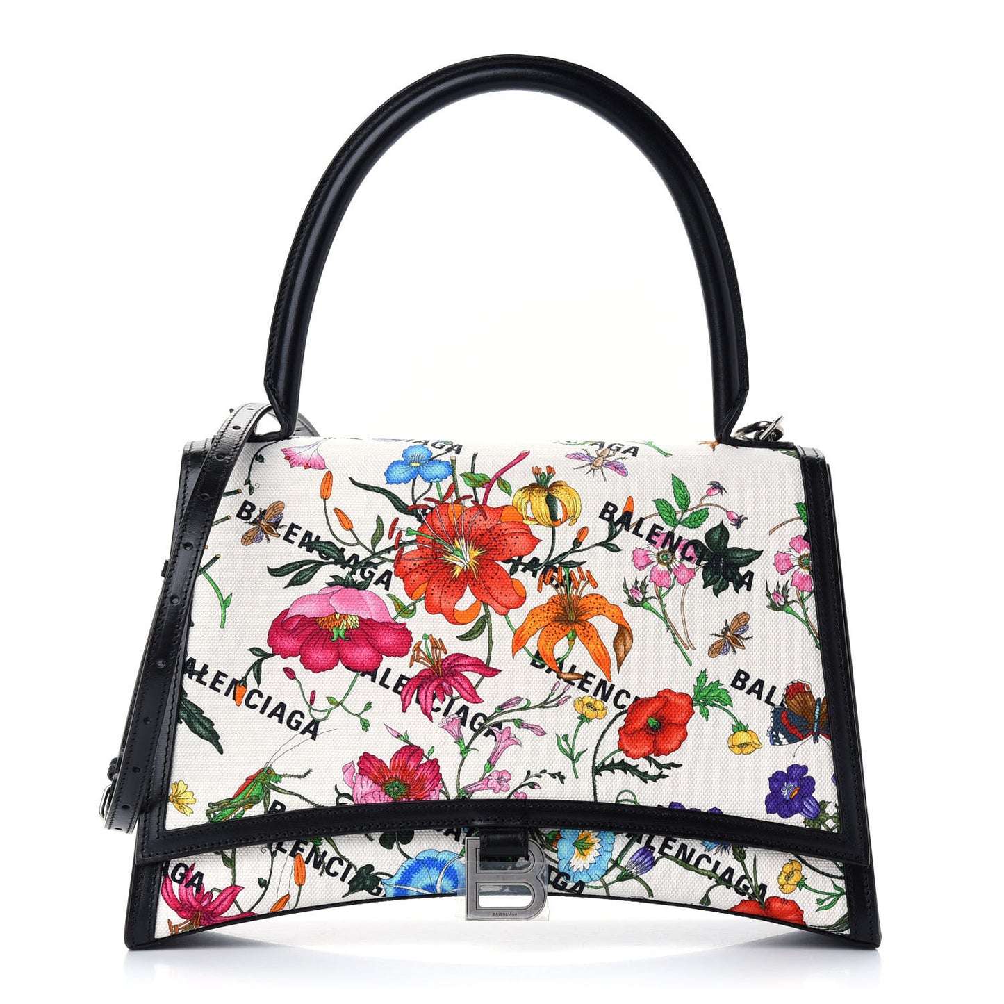 X GUCCI Canvas Boarded Plutone Calfskin Flora Logo Print Medium Hourglass Top Handle Bag White Multicolor Black