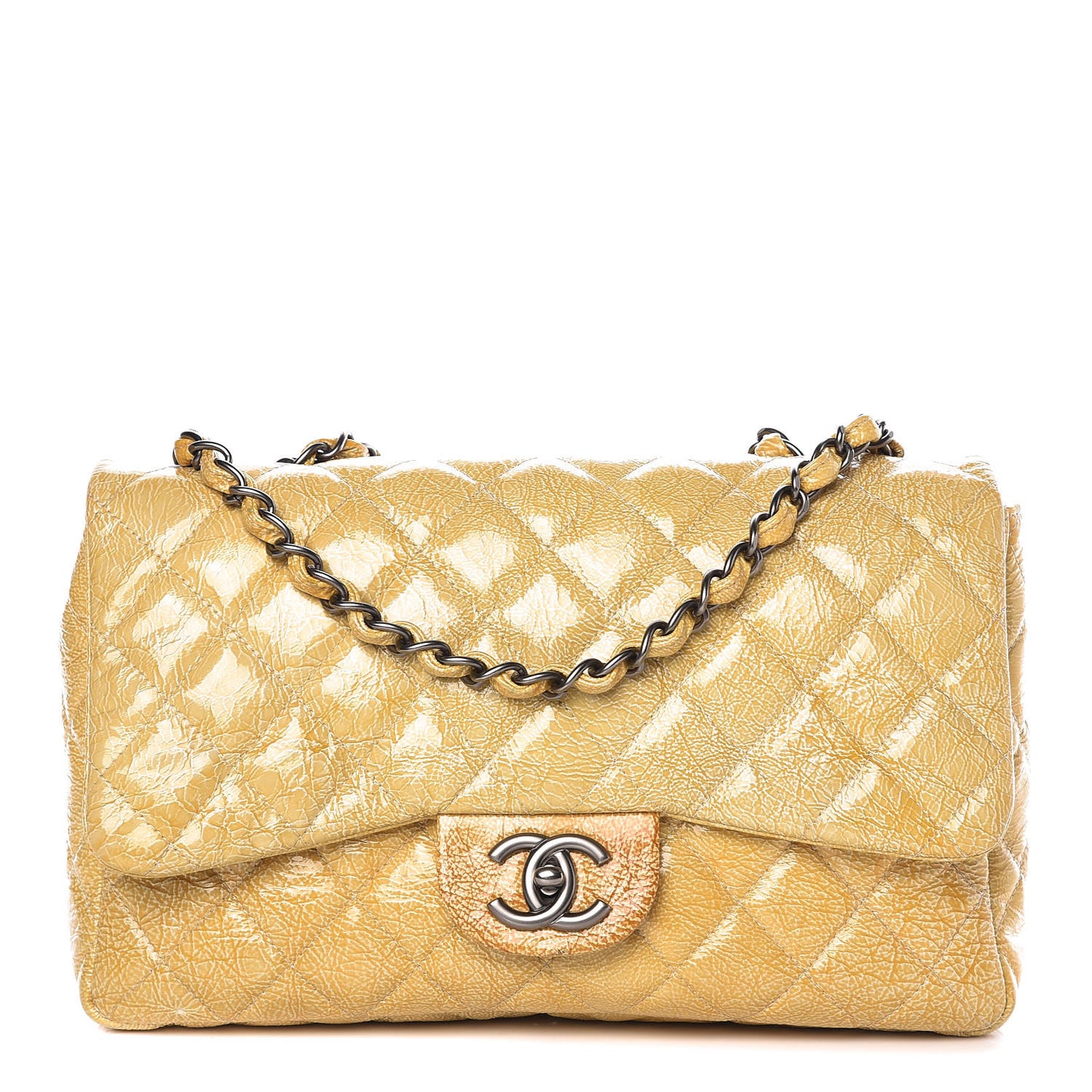Crinkled Patent Quilted Jumbo Single Flap Light Beige