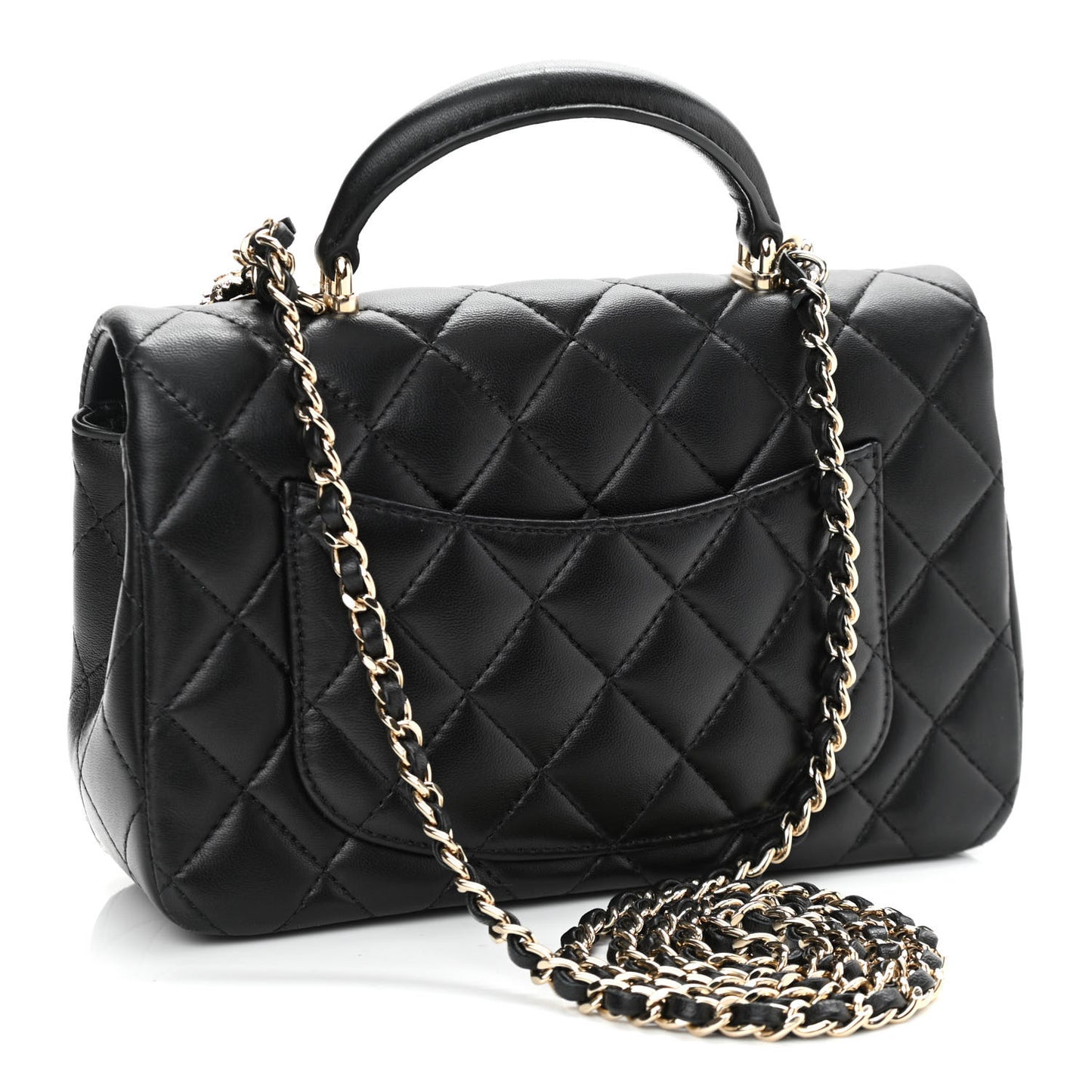 Lambskin Quilted Mini Lion Charm Top Handle Rectangular Flap Black