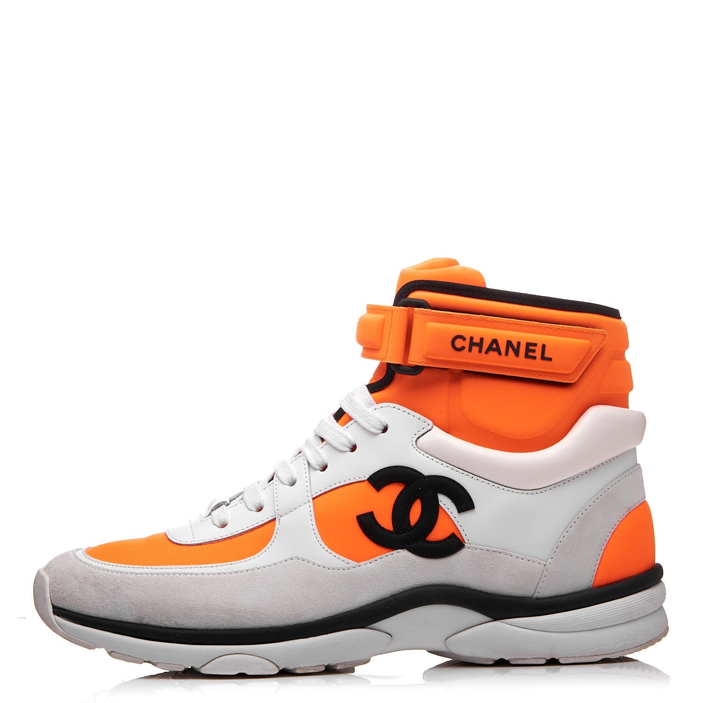 Suede Calfskin Lambskin Neoprene High Top CC Sneakers 40.5 White Fluo Orange