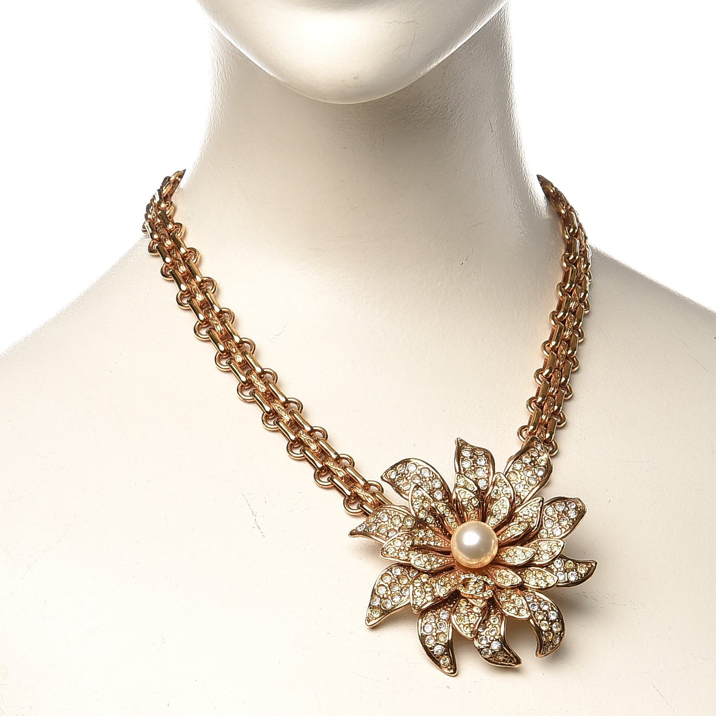 Crystal Pearl Flower CC Chain Link Necklace Gold