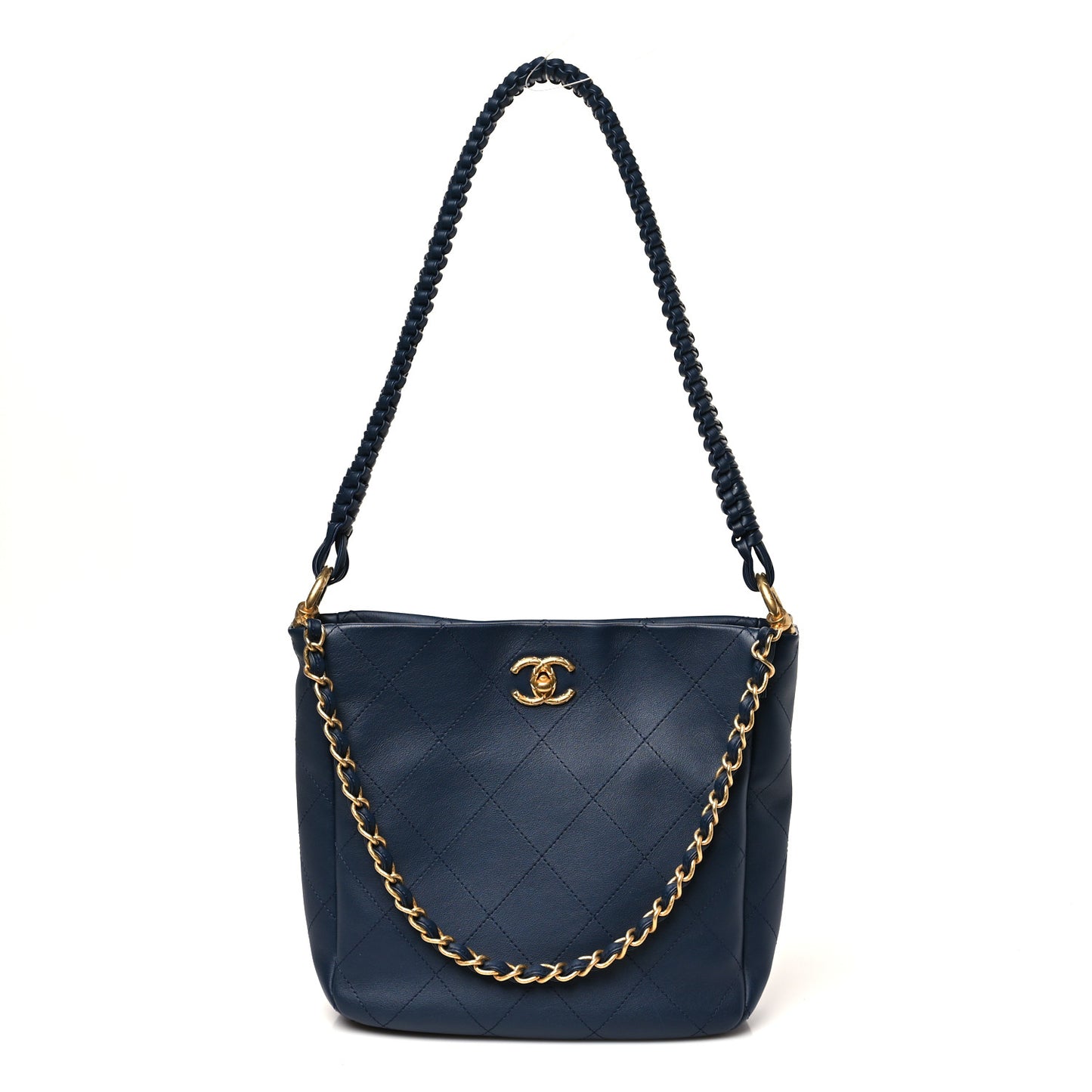Calfskin Quilted Braided Handle Chain Hobo Navy Blue