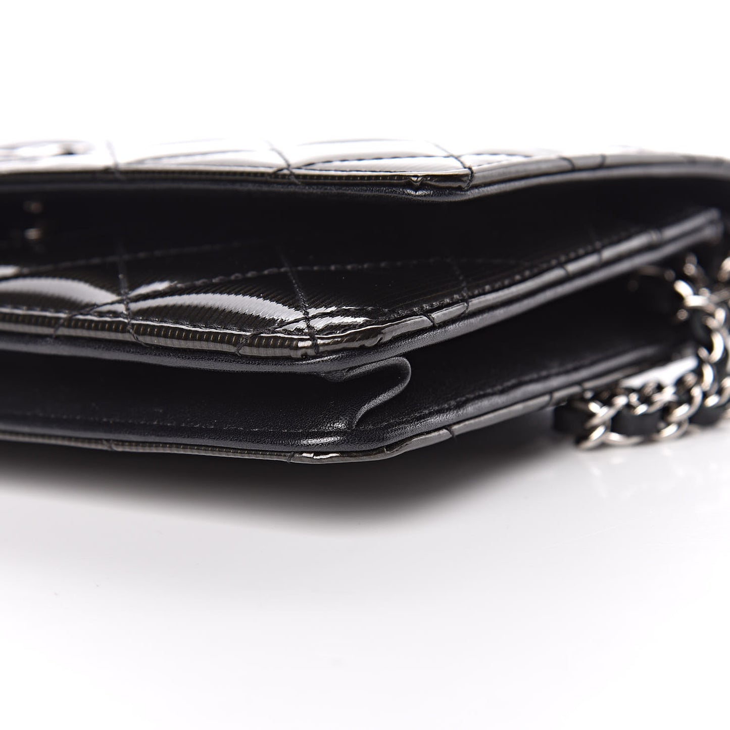 Striated Patent Quilted Wallet on Chain WOC Black