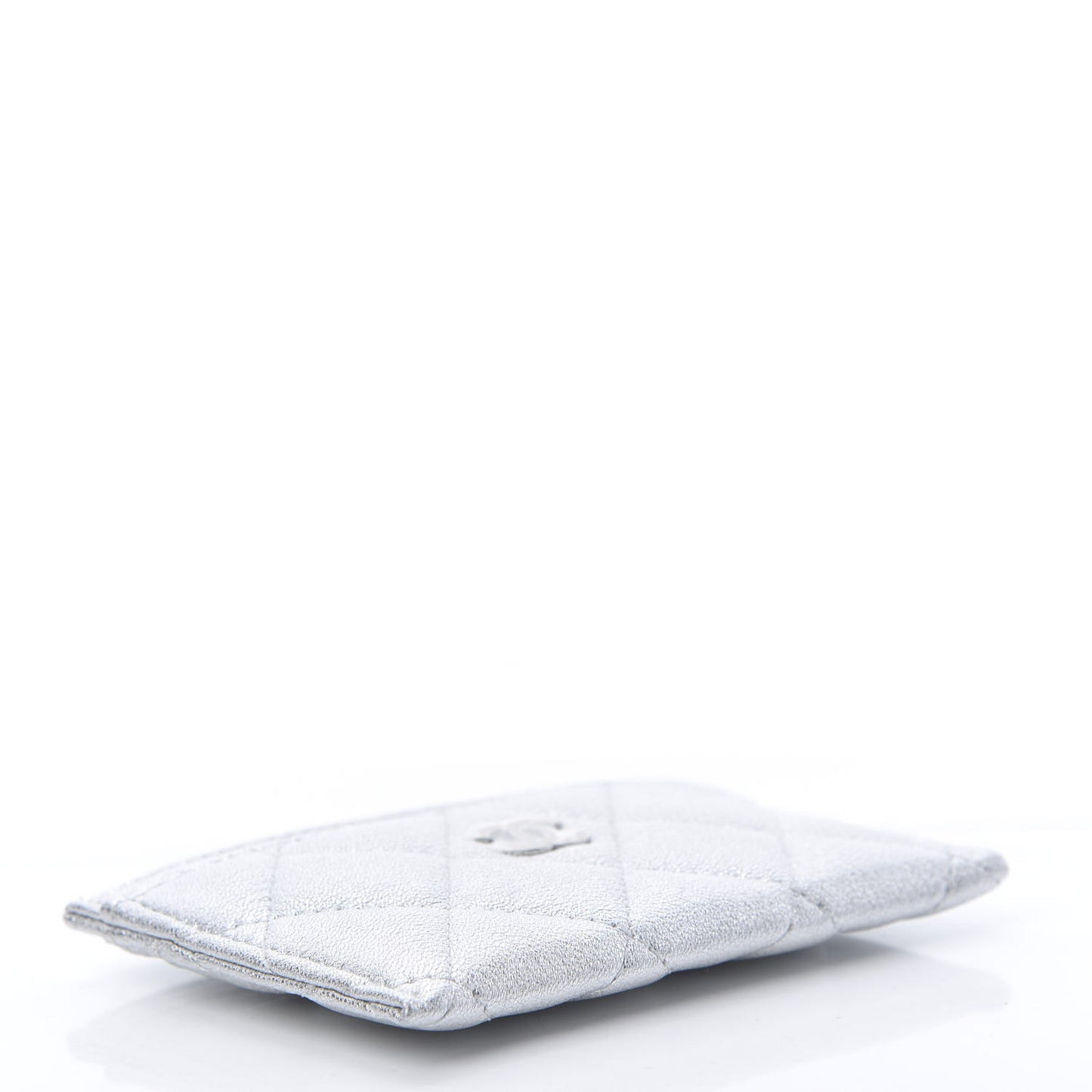 Metallic Lambskin Quilted Card Holder Silver
