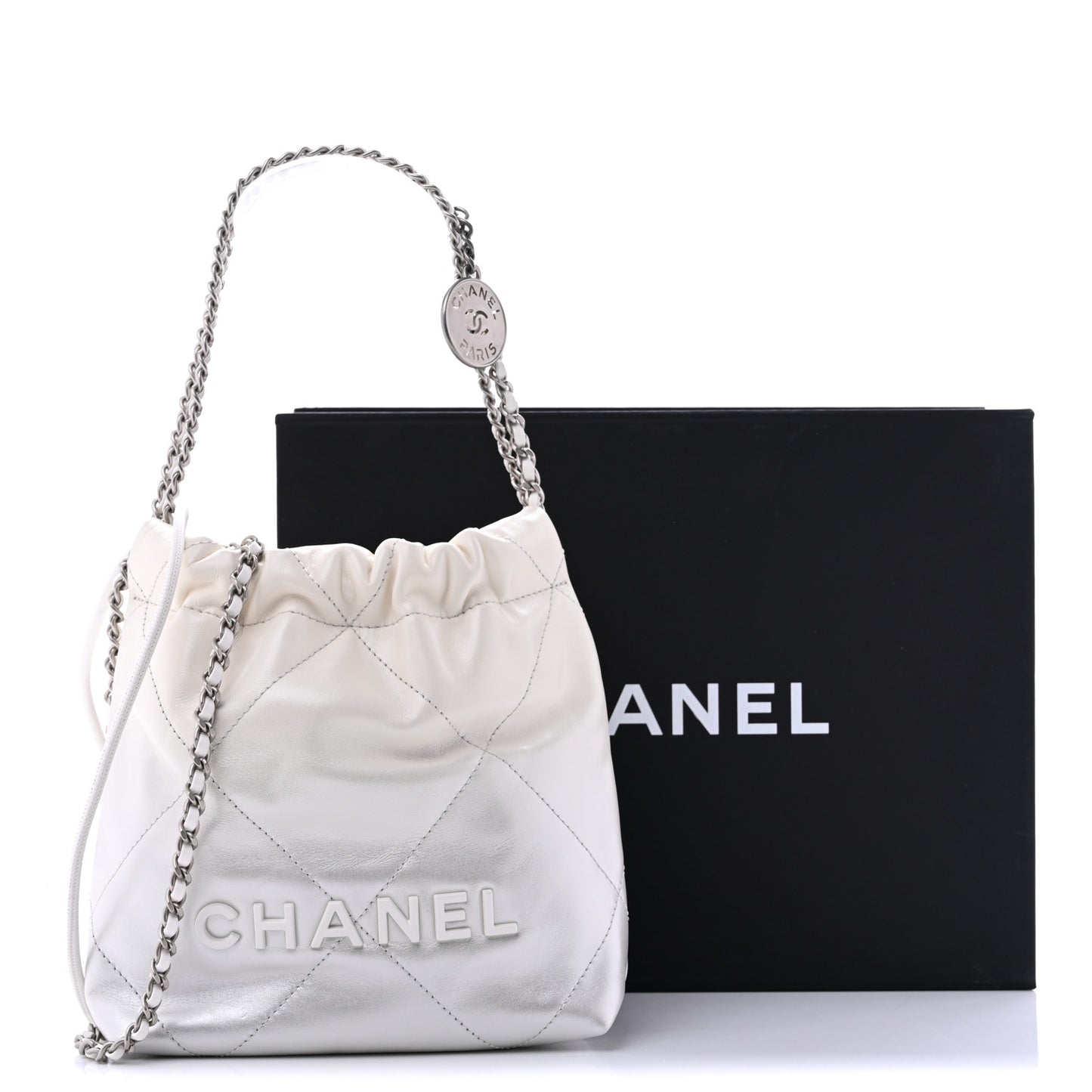 Metallic Shaded Calfskin Quilted Mini Chanel 22 White Silver