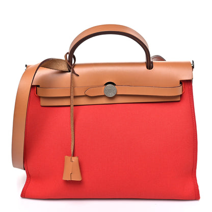 Hermes Vache Hunter Toile Herbag Zip 31 PM Rouge Tomate Natural 1 of 10