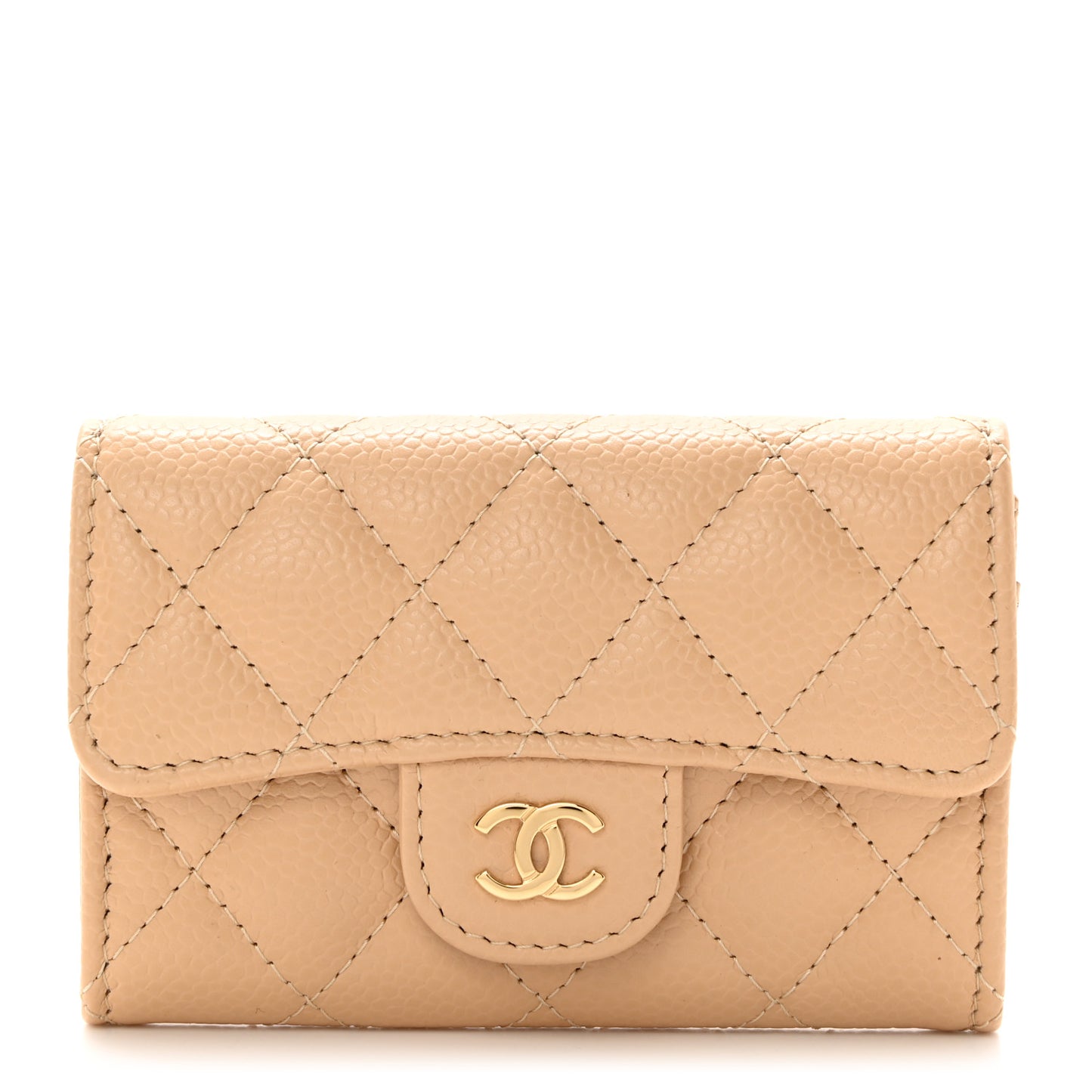 Caviar Quilted Flap Card Holder Wallet Beige