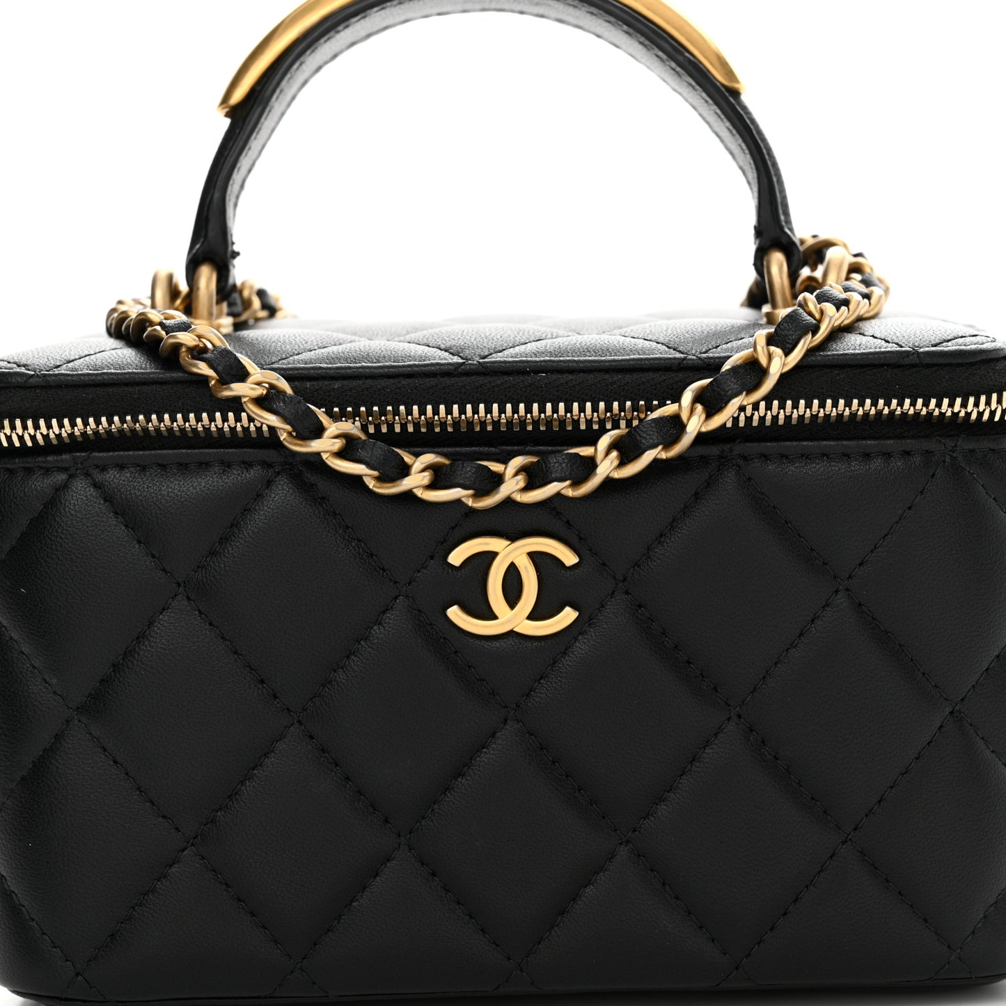 Lambskin Quilted Metal Small Top Handle Vanity Case With Chain Black