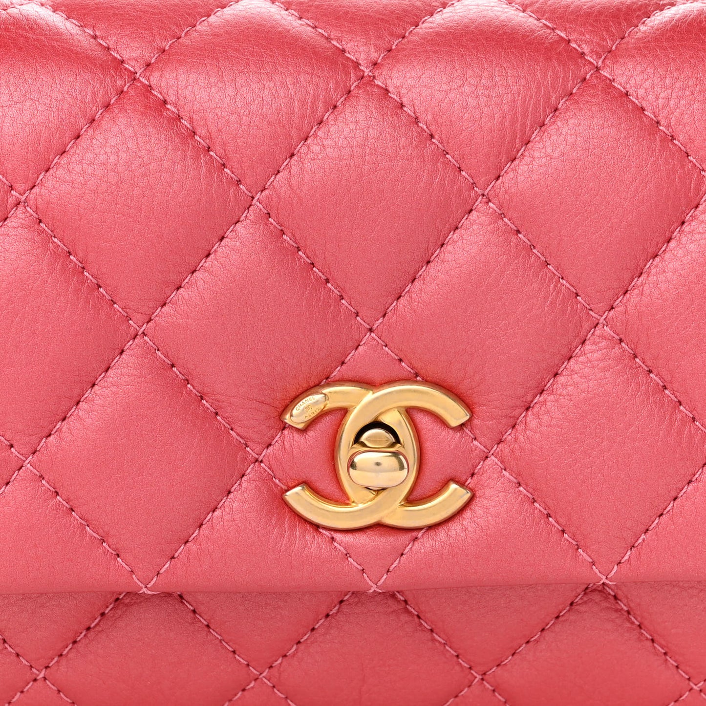 Metallic Calfskin Quilted Top Handle Flap Dark Pink