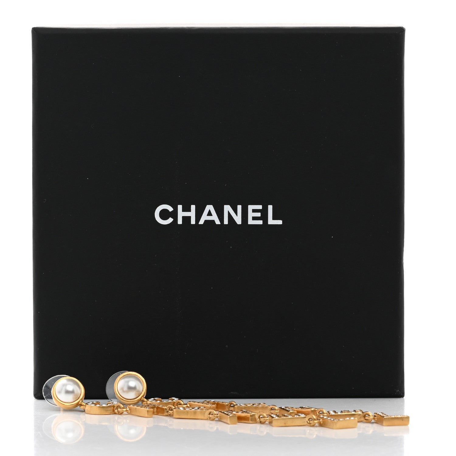 Chanel Crystal Pearl Logo Drop Earrings Gold 5 of 5