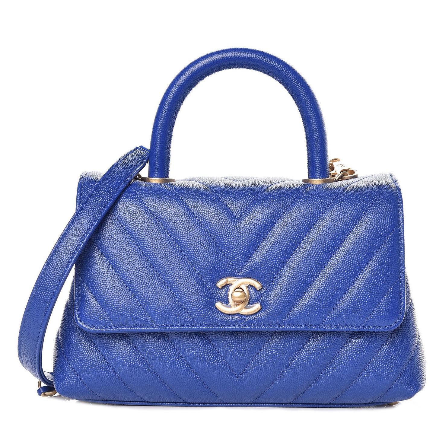 Caviar Chevron Quilted Mini Coco Handle Flap Blue