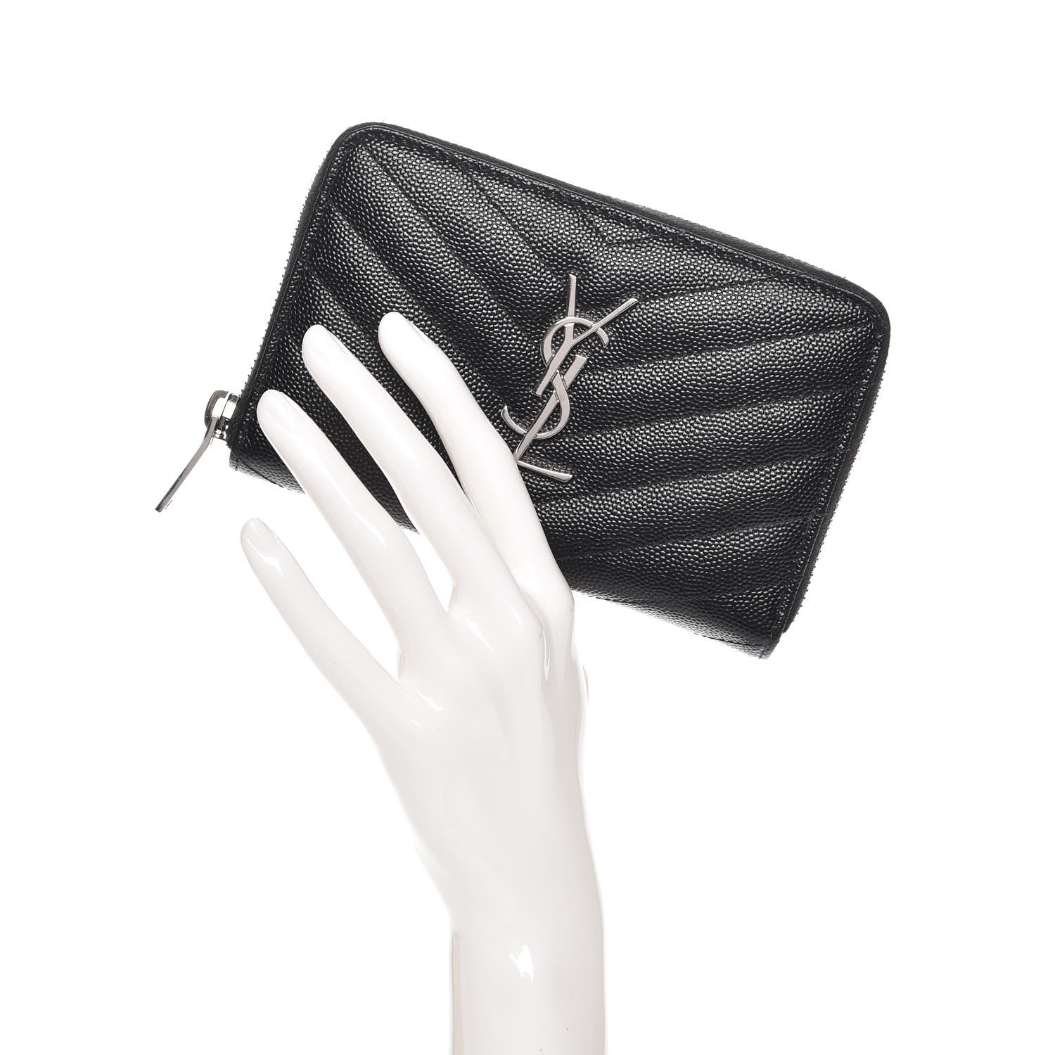 Saint Laurent Grain De Poudre Matelasse Chevron Monogram Zip Around Wallet Black 2 of 8