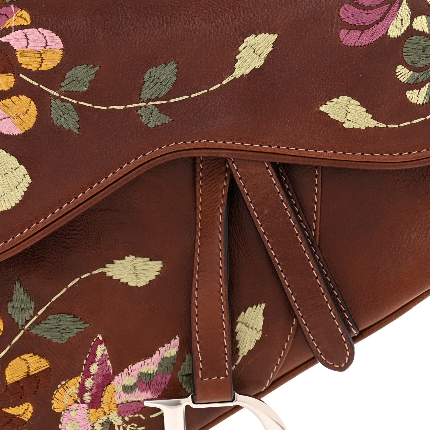 Christian Dior Calfskin Embroidered Romantic Flowers Saddle Bag Brown 8 of 10