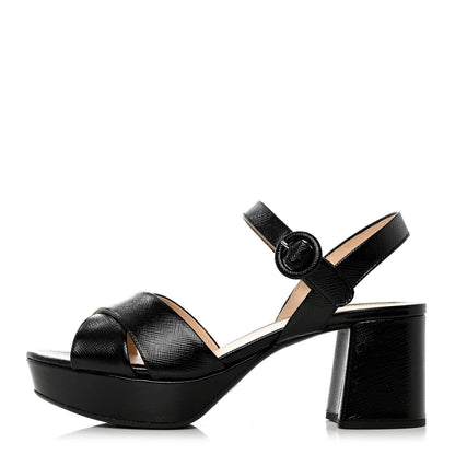 Prada Vernice Saffiano Embossed Crisscross Platform 20/65mm Sandals 37.5 Black 1 of 10